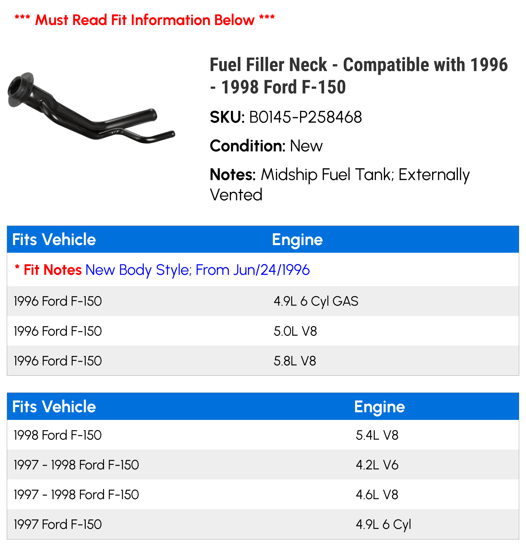 Fuel Filler Neck - Compatible with 1996 - 1998 Ford F-150 1997