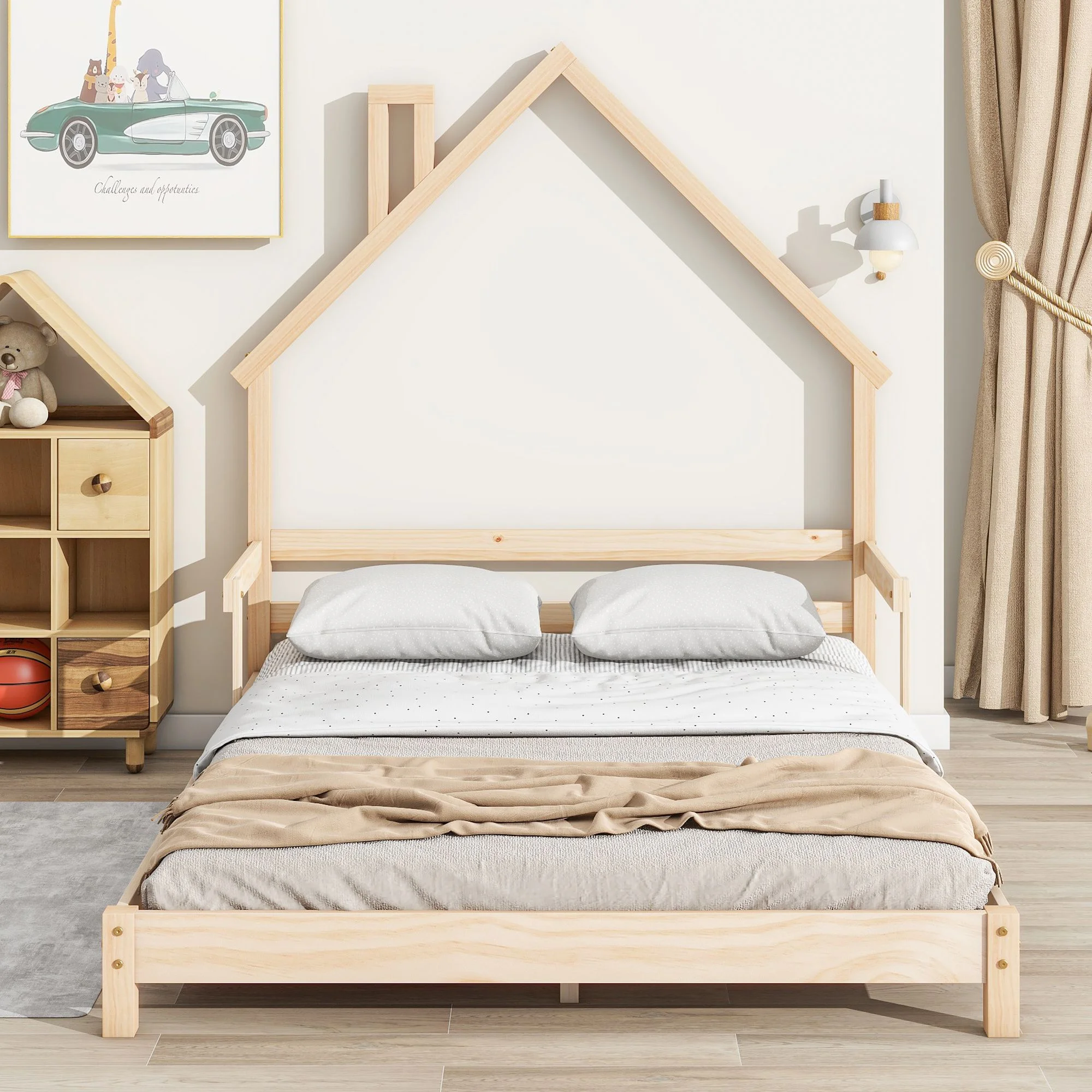 Wood House-Shaped Headboard Floor Bed Mattress Foundation with Handrails ,Slats, Bed Frame Storage Bed w/ Wooden Slats for Boy Girl, No Box Spring Needed, Easy Assembly