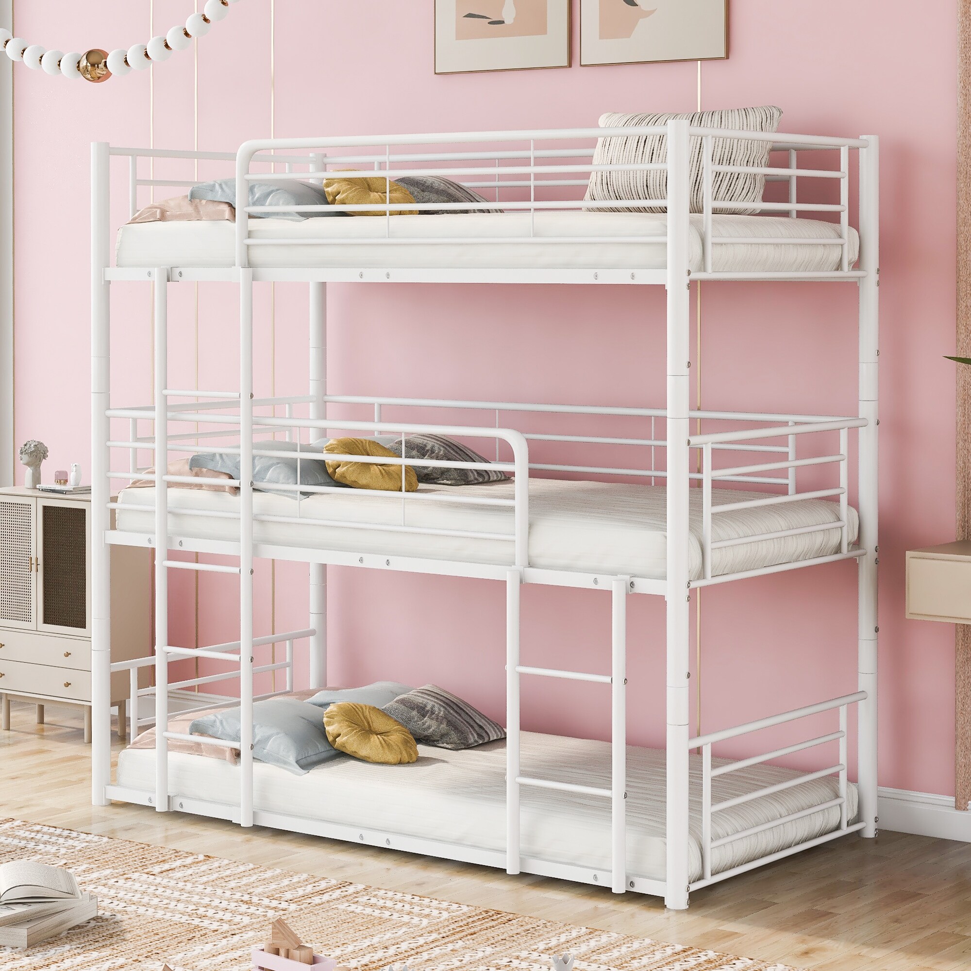 Nestfair  Twin Over Twin Over Twin Triple Bunk Bed with Built-in Ladder White