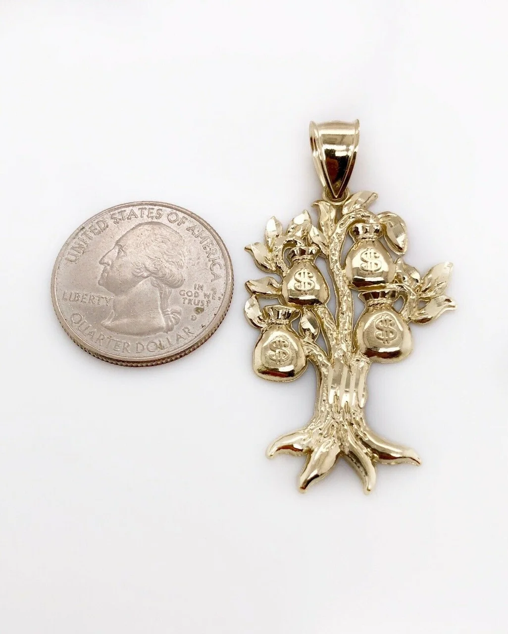 Real 10K Yellow Gold Diamond Cut Lucky Money Bag Tree Dollar Pendant 4.2 Grams