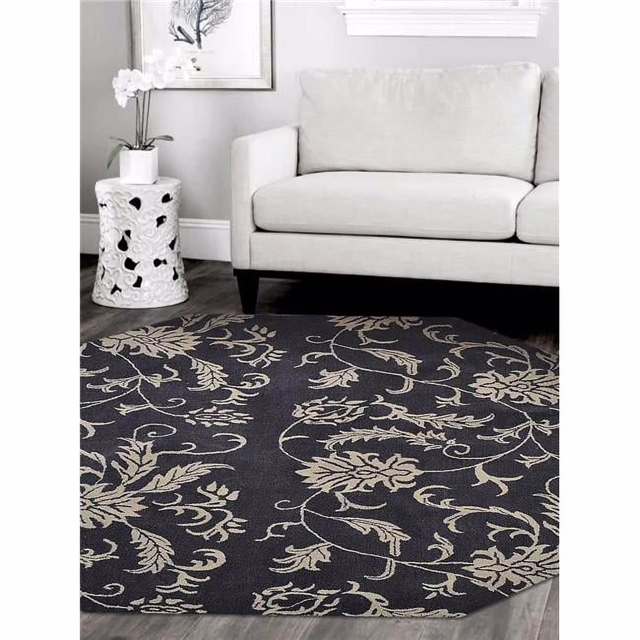 Glitzy Rugs  8 x 8 ft. Hand Tufted Wool Octagon Area Rug - Floral - Charcoal Beige