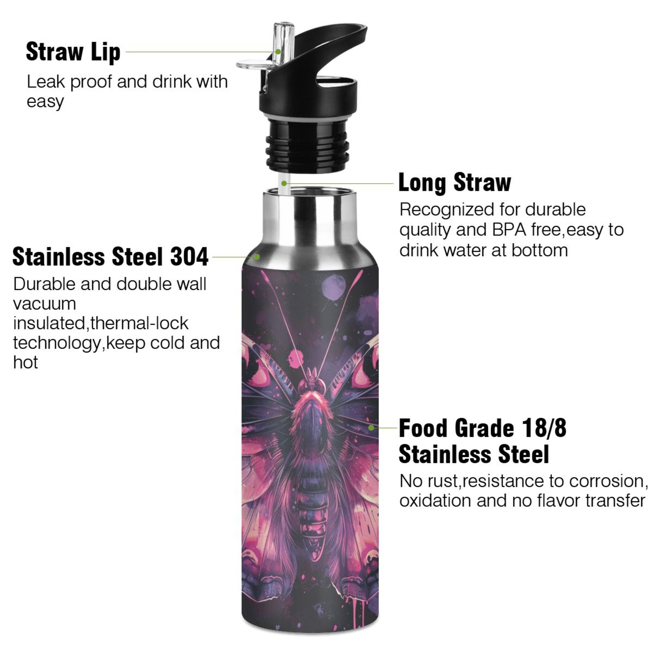 Butterfly with Splash Water Bottles Insulated Thermos Kids Stainless Steel Bottle with Straw Lid Flask Leakproof for Sports Gym 20 oz