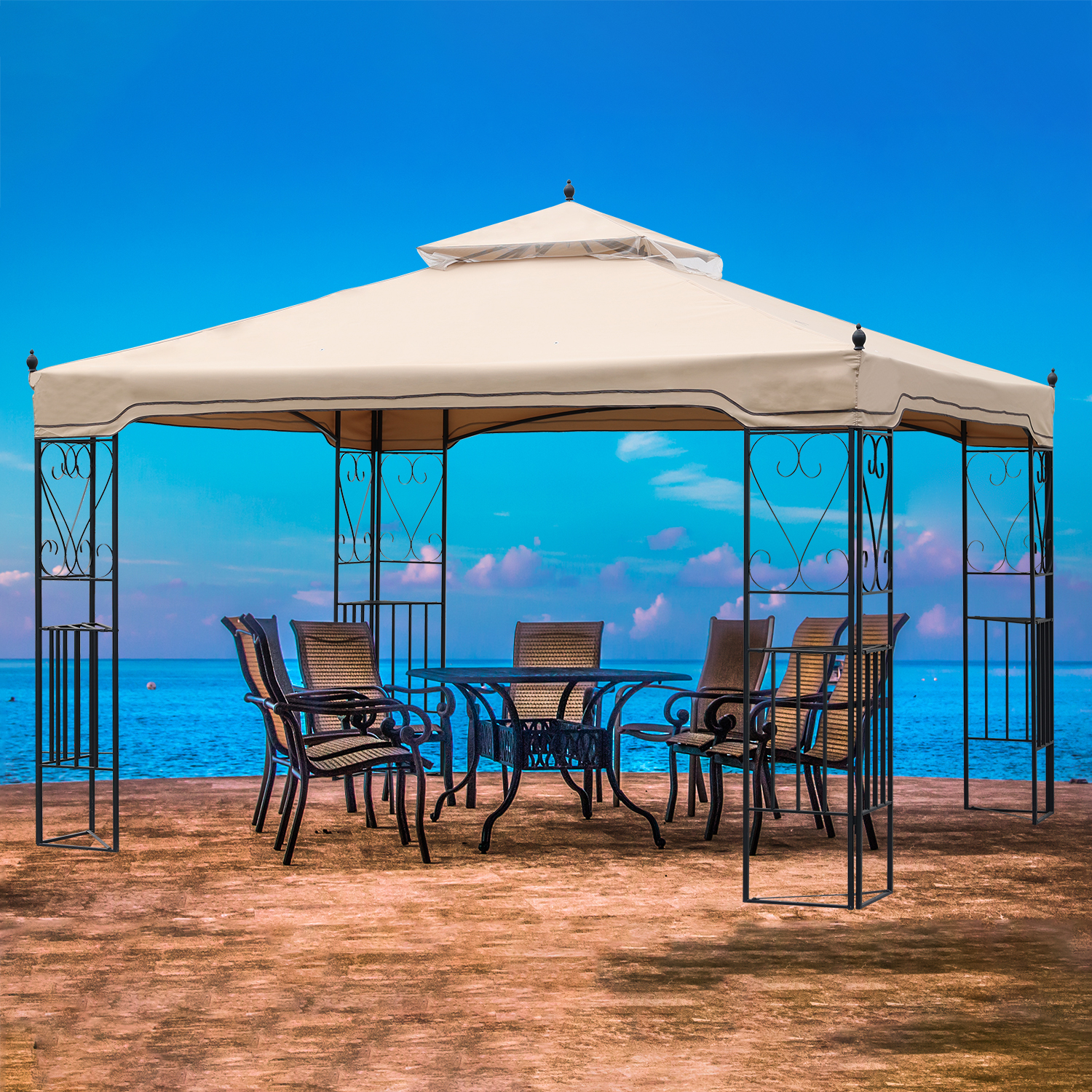 Aoodor 12' x 10' Patio Gazebo 12 ft Metal Frame with Mesh Netting Canopy Top Beige - Khaki