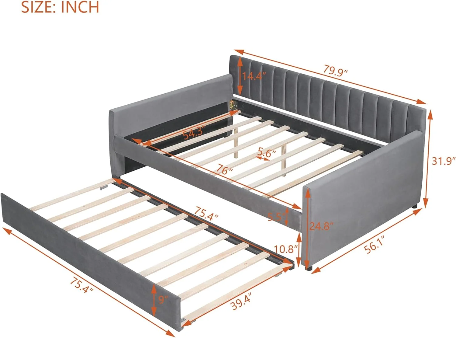 Full Daybed With Trundle, Upholstered Full Size Daybed Sofa Daybed Frame With Trundle,Full Captain’S Bed For Bedroom, Living Room, Guest Room,No Box Spring Needed, Grey