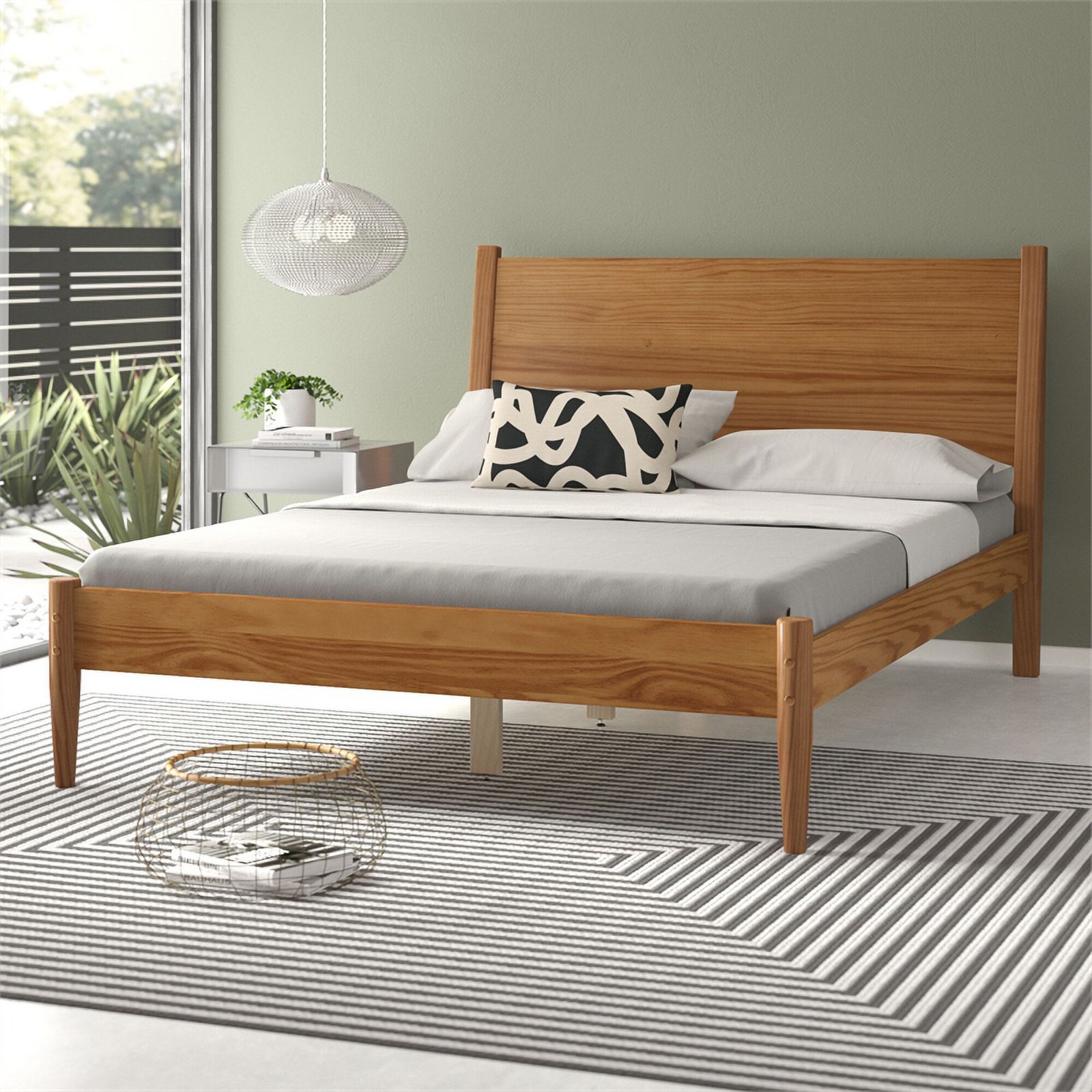 Pemberly Row Mid-Century Solid Wood Queen Panel Bed in Castanho Oak