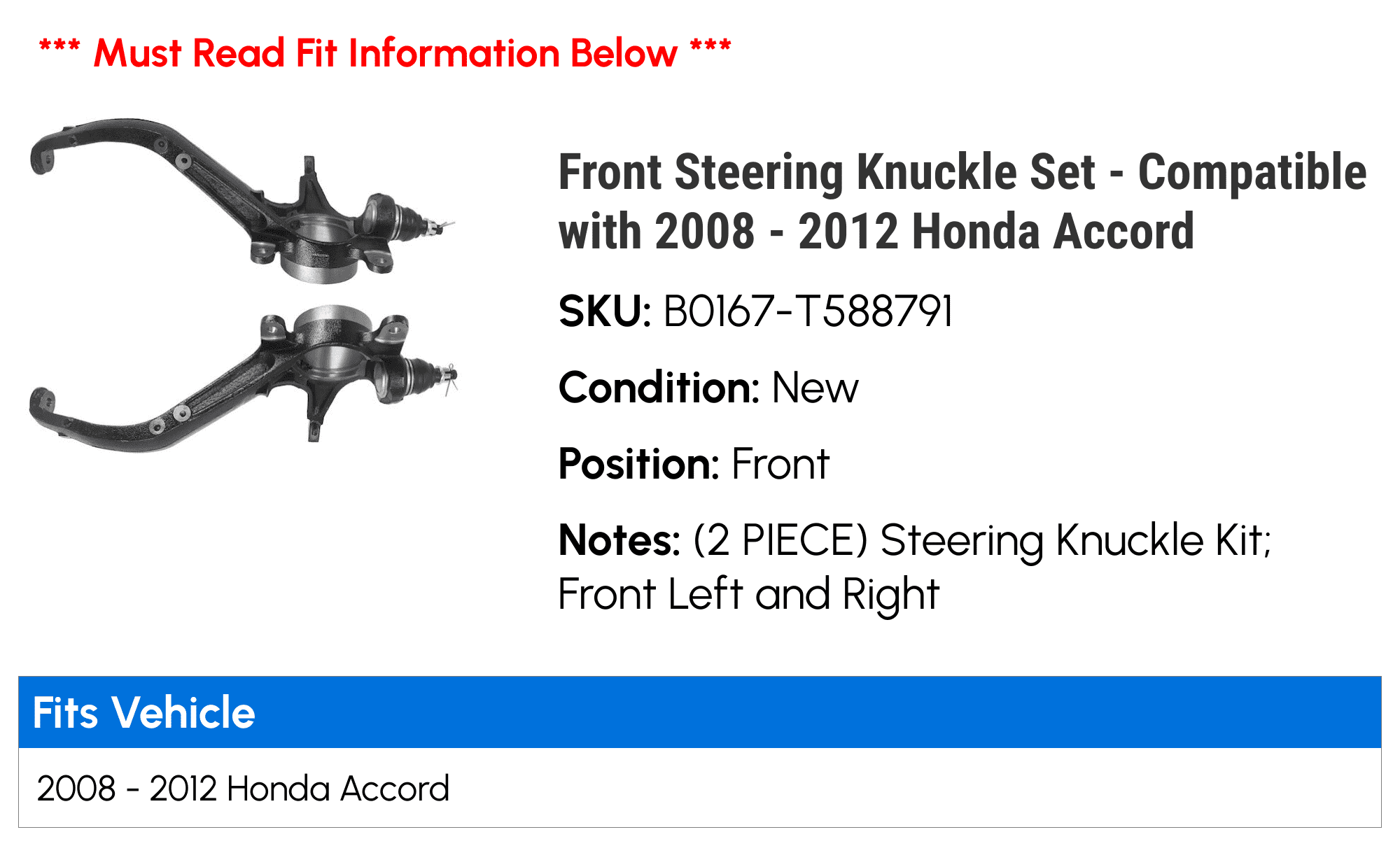 Front Steering Knuckle Set - Compatible with 2008 - 2012 Honda Accord 2009 2010 2011