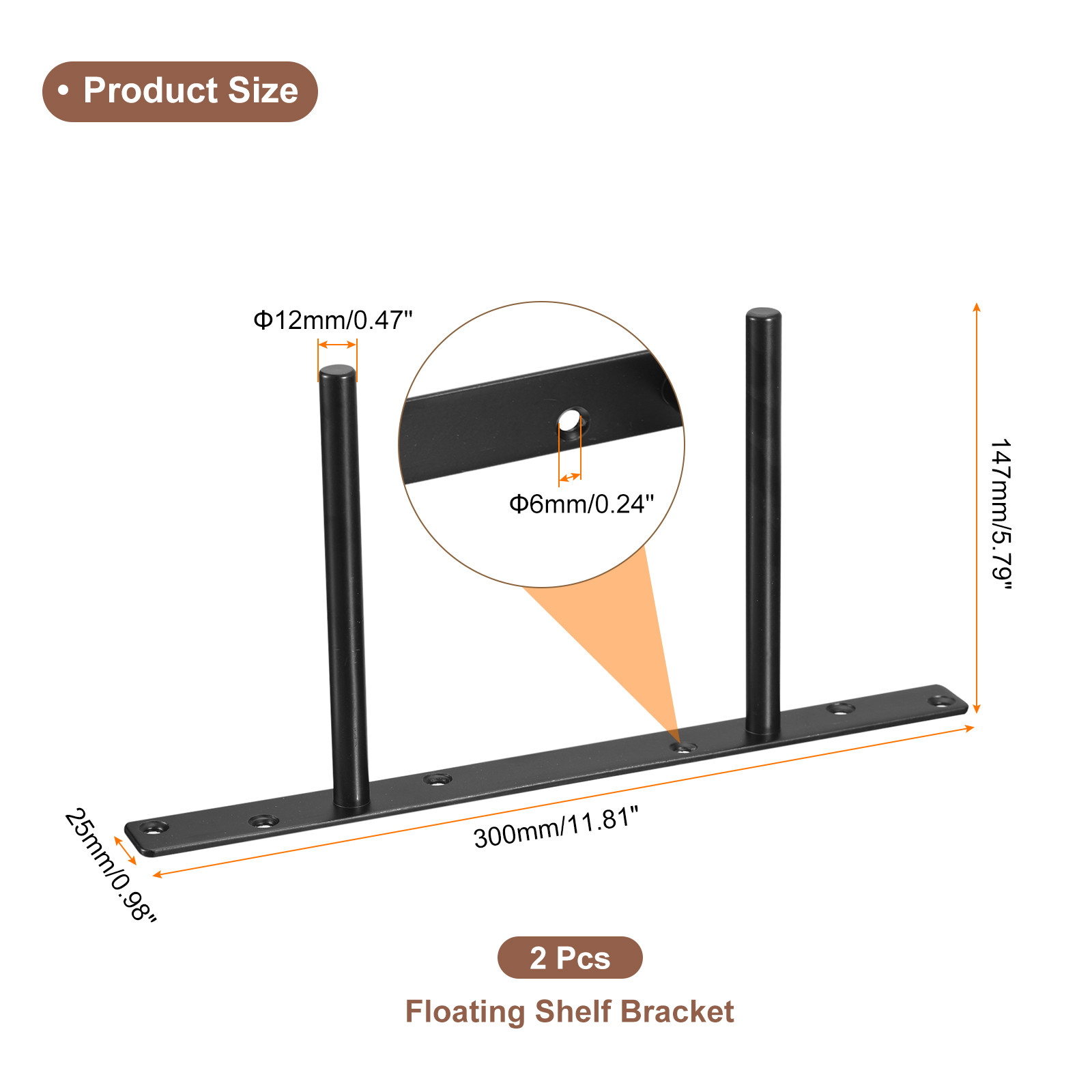 Uxcell 2Pack 12 Inch Wall Mounting Floating Shelf Bracket Blind Shelf Support, Black