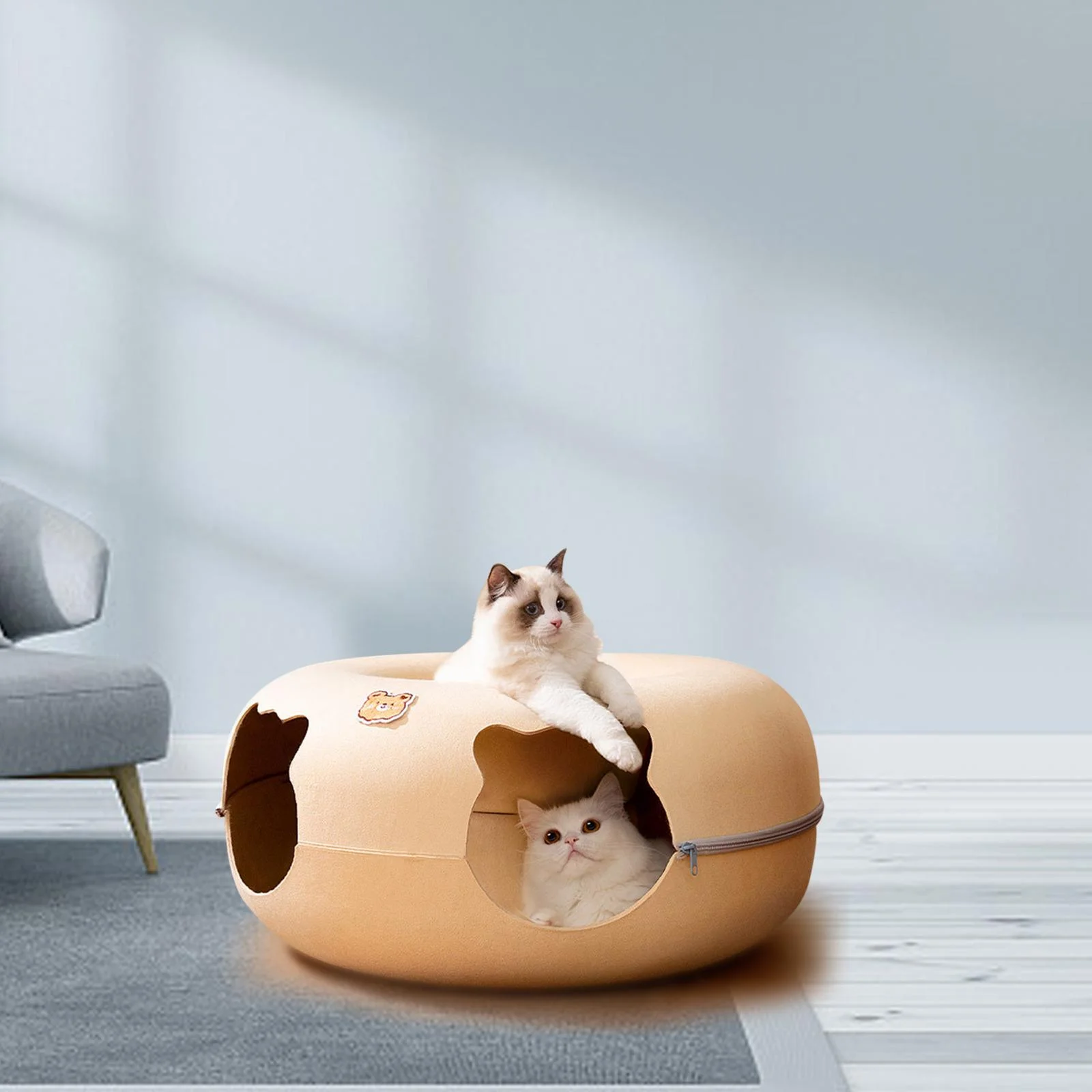 Felt Cat Tunnel Cave Bed Removable Scratch Resistant Cat Training Toy Washable with Zipper Cat House for Indoor Outdoor Small Pets M
