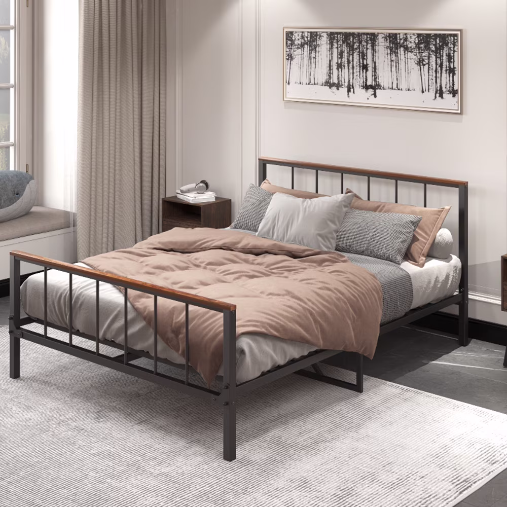 Fangsheng Queen Size Bed Frame, Metal Platform Bed Frame with Wooden Headboard and Footboard, Strong Support, No Box Spring Needed, Black