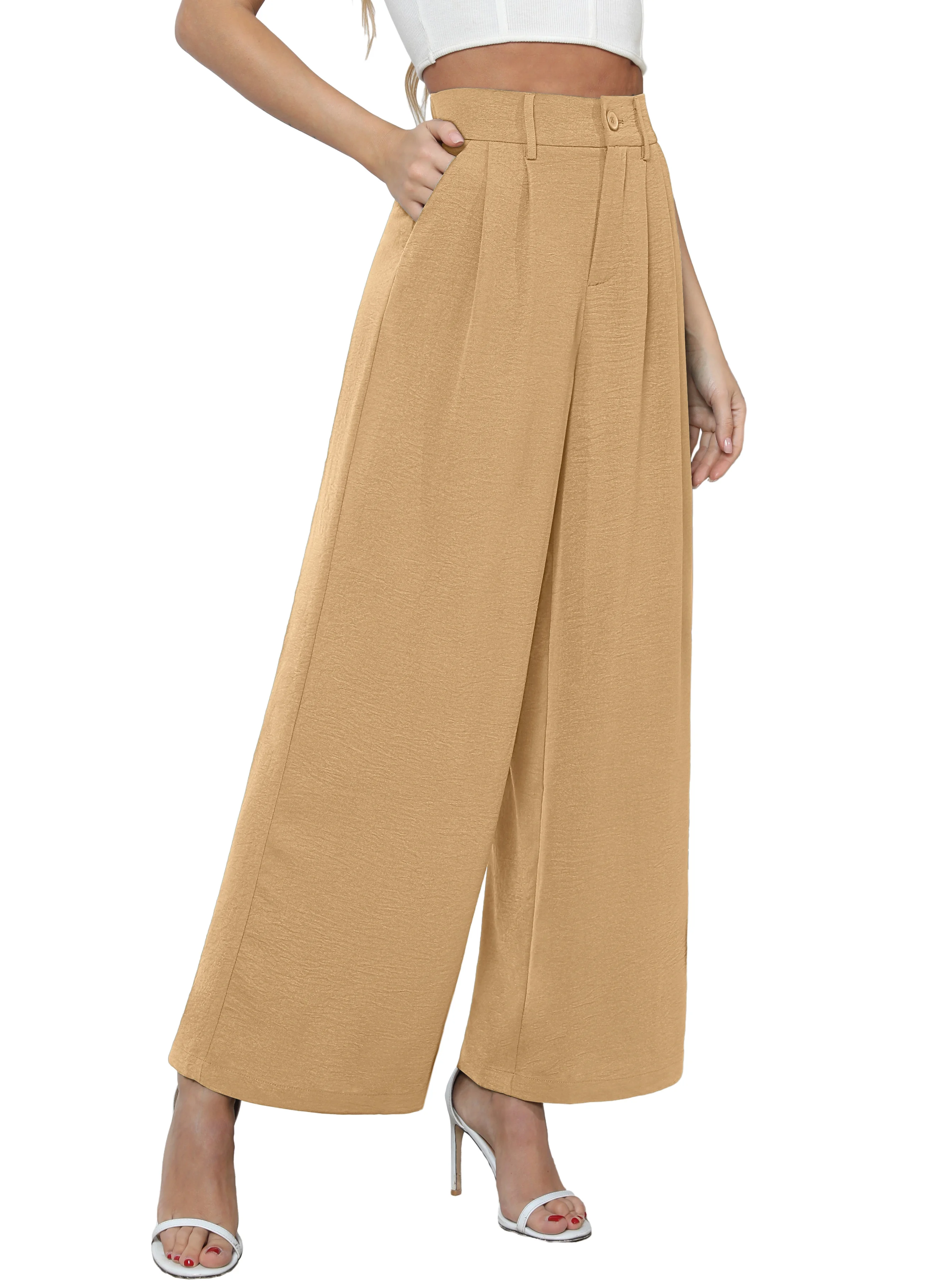 Uvplove Women's Pocket Wide Leg Trousers Lightweight Pants High Waist Button Loose Trouser Work Casual Business Pants