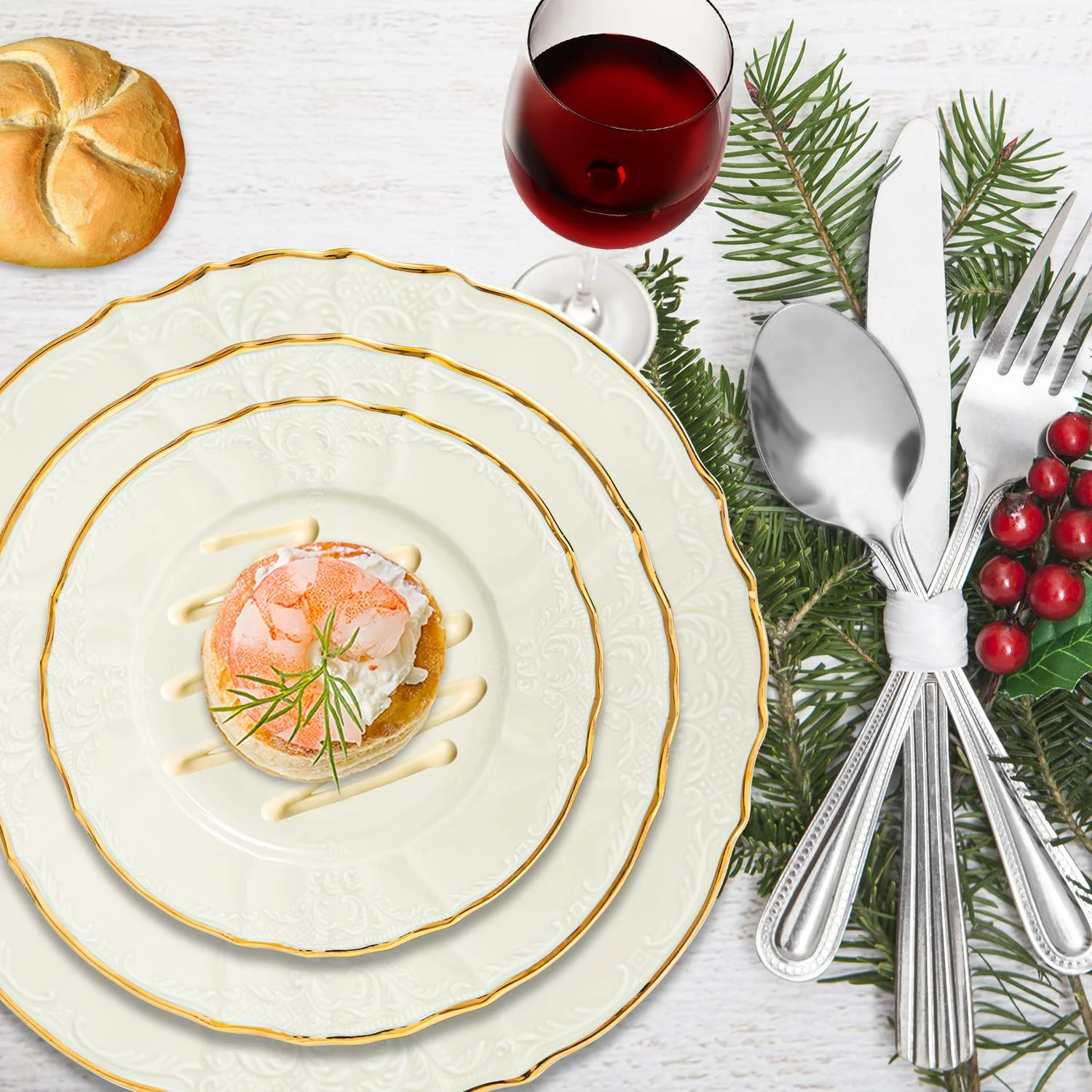 Ocean Dcor China Dinnerware Set: Set of Fine Porcelain Dishes - Service for Four - Off White and Silver Dishes Set for Entertaining and Formal Use - 20 Piece Fine China Dishware Sets