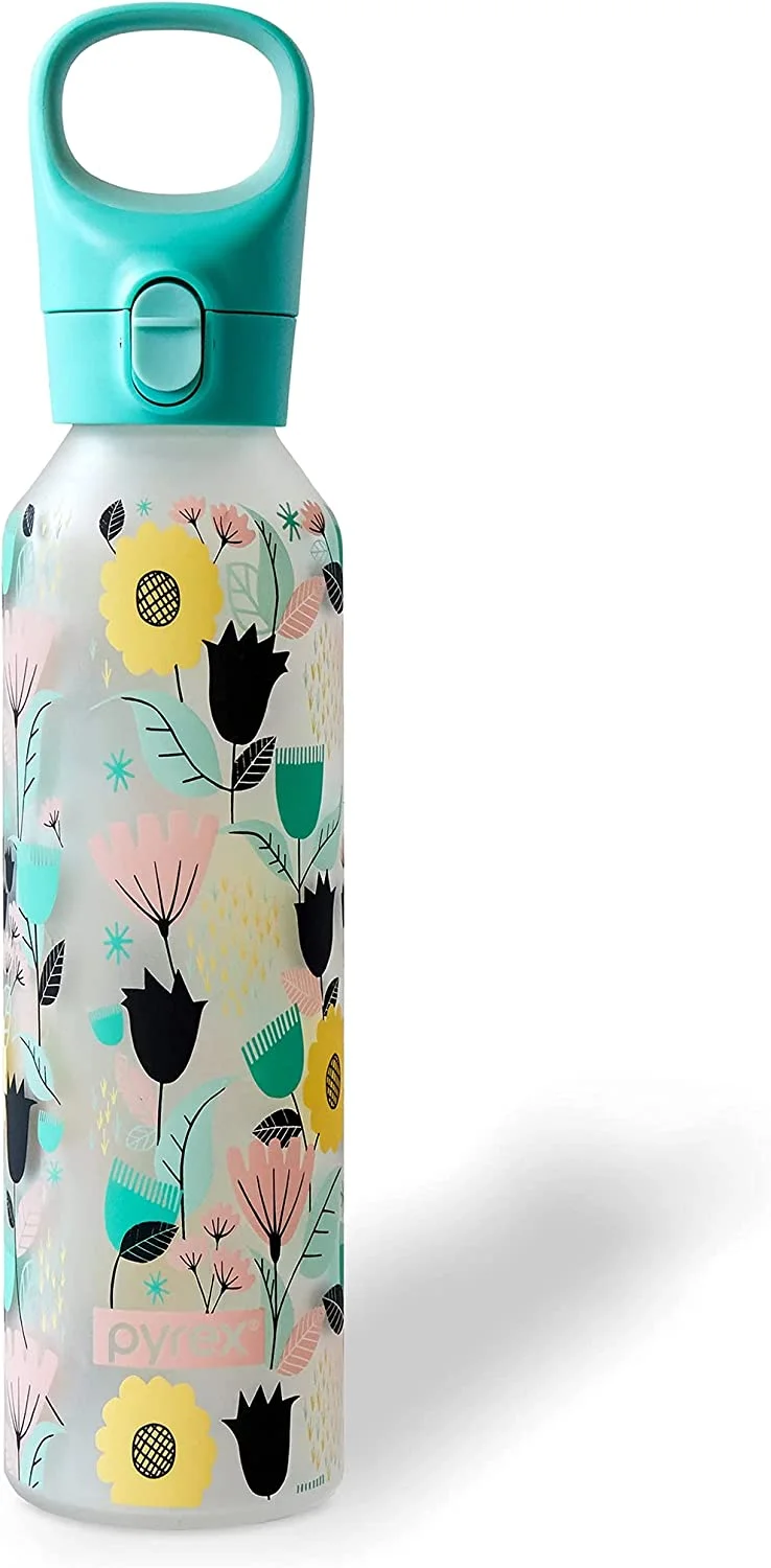 Pyrex | 17.5 Oz Color Changing Glass Water Bottle | Reusable and Leakproof Textured Glass Bottle | BPA Free Silicone Coating | Florals Bold