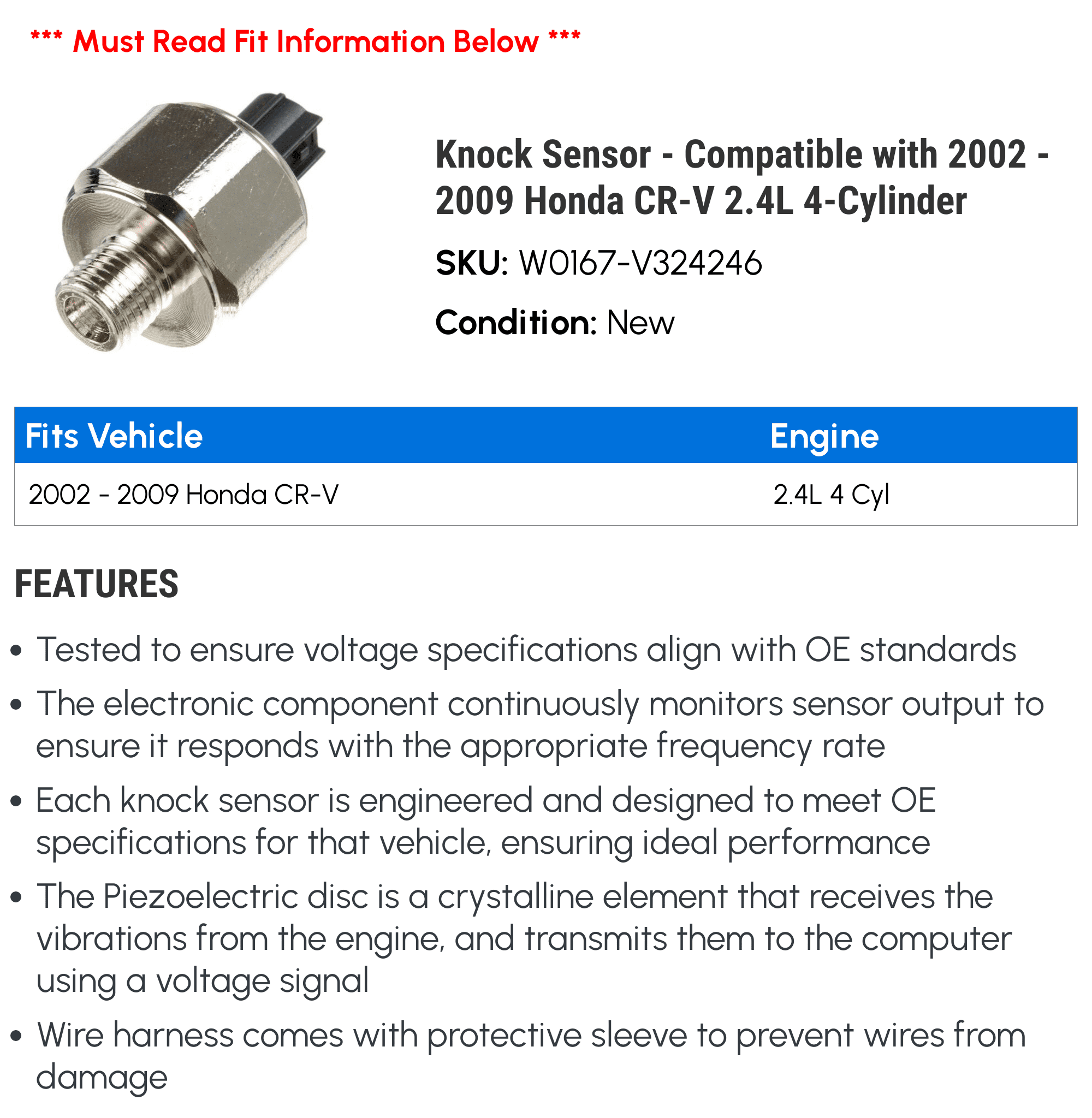 Knock Sensor - Compatible with 2002 - 2009 Honda CR-V 2.4L 4-Cylinder 2003 2004 2005 2006 2007 2008