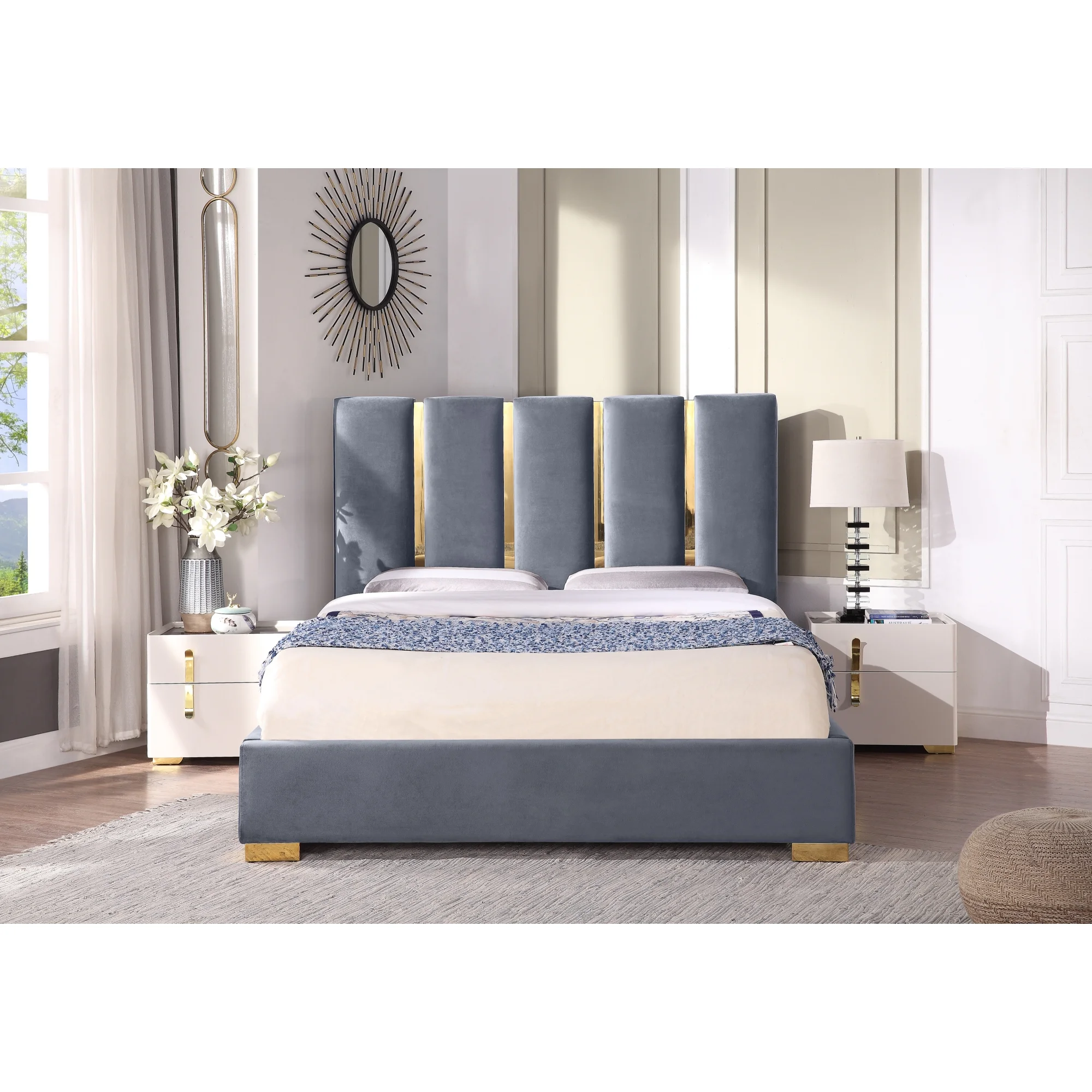 Contemporary Velvet Upholstered Bed, Solid Wood Frame, High-density Foam, Gold Metal Leg, Queen Size