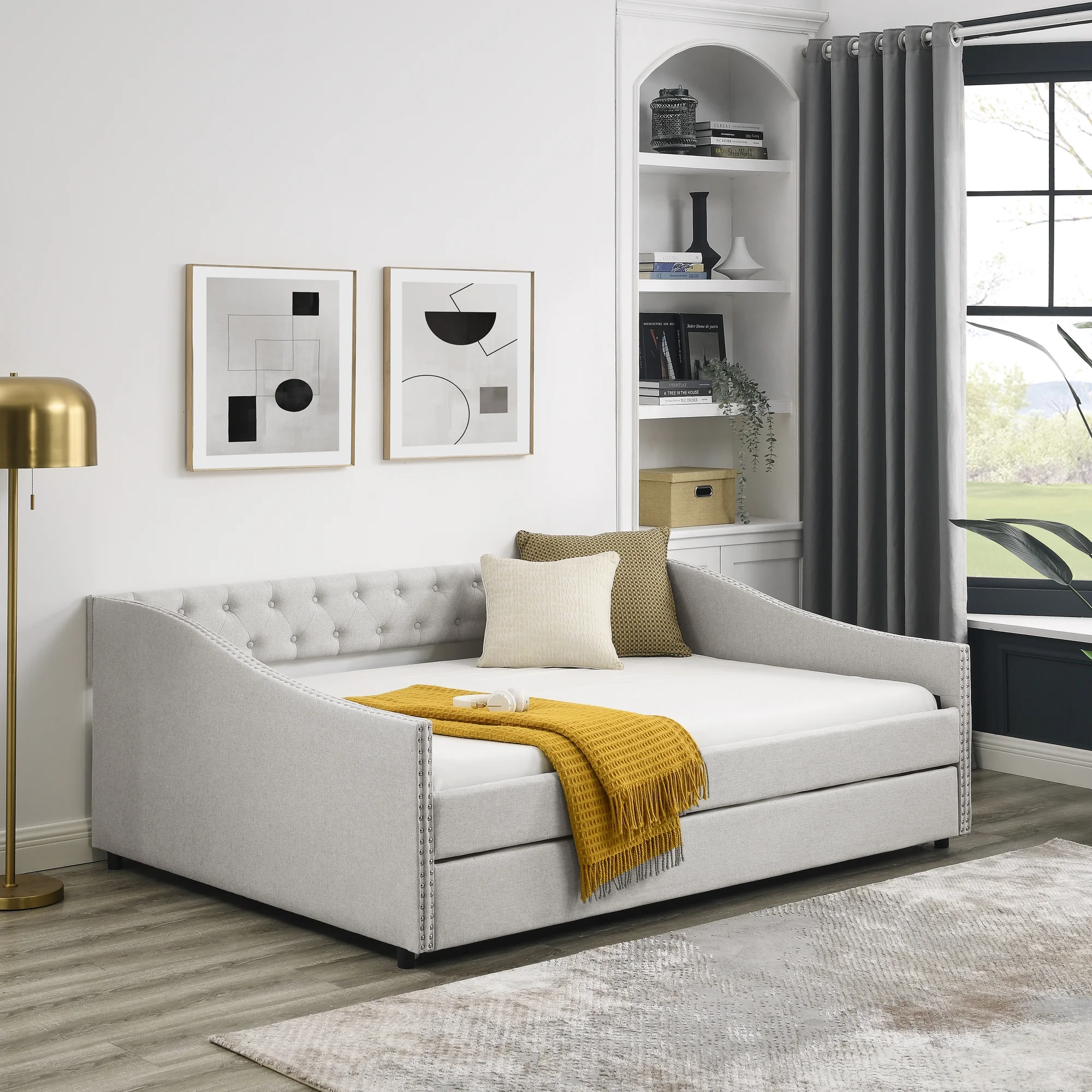 CoSoTower Full Size Daybed with Twin Size Trundle Upholstered Tufted Sofa Bed, with Button on Back and Copper Nail on Waved Shape Arms, Beige, 80.5
