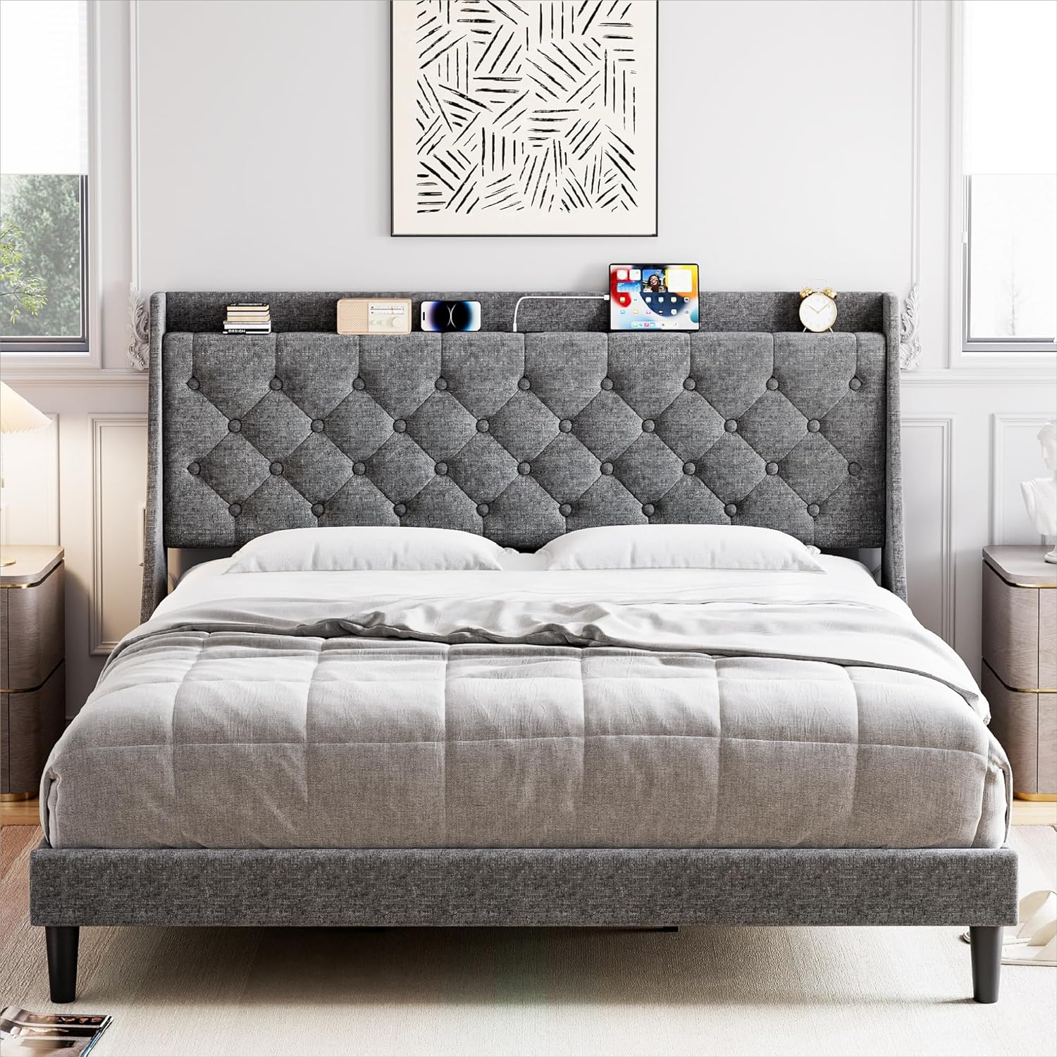 JIAH Bed Frame with Charging Ports & Storage Shelf, Upholstered Platform Bed with Wingback Headboard, No Box Spring Needed, Easy Assembly, Dark Gray