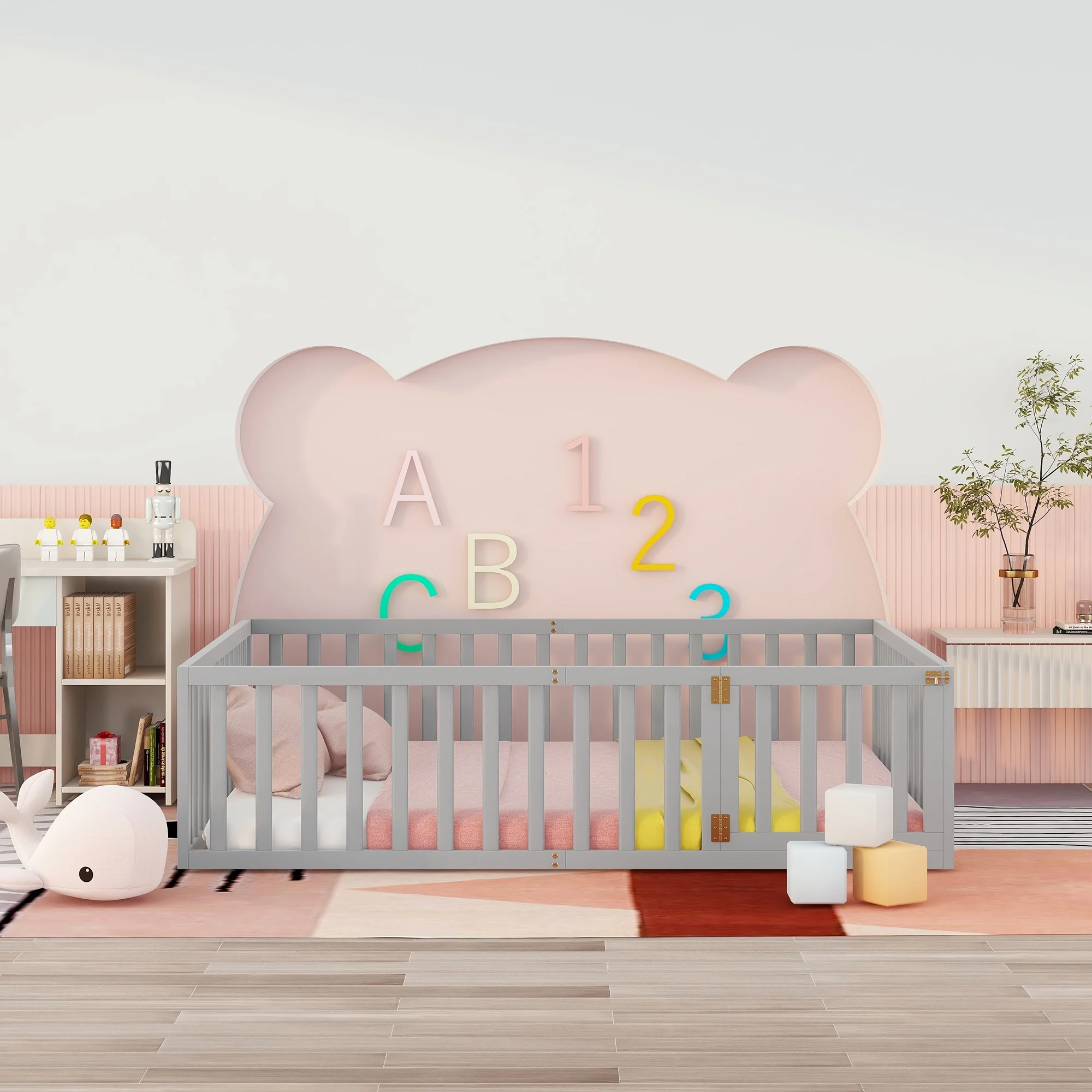 CoSoTower Queen Size Wood Floor Bed Frame with Fence and Door, Gray