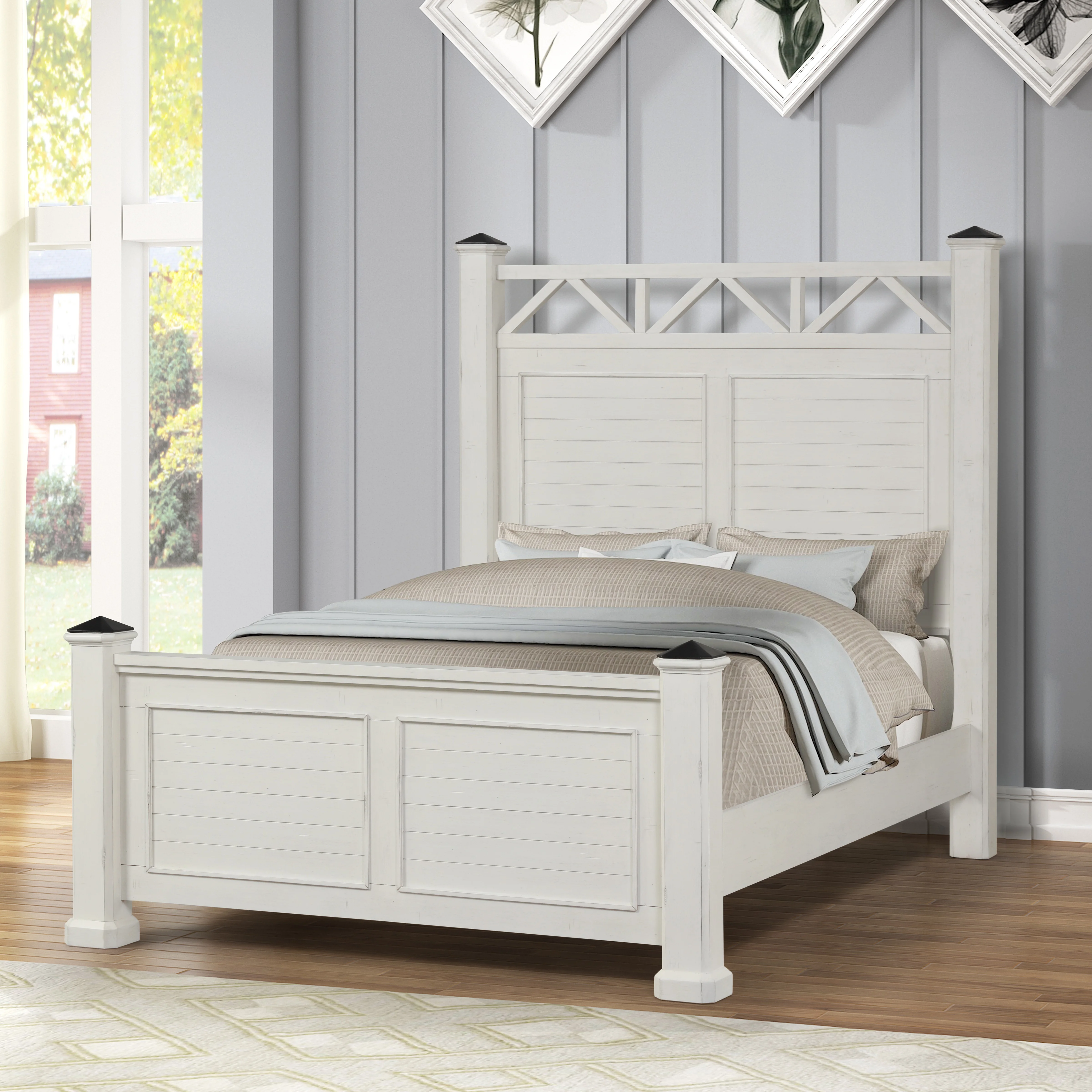 Roundhill Furniture Laria Antique White Finish Wood Panel Bed with Dresser, Mirror, and Two Nightstands, Queen Size