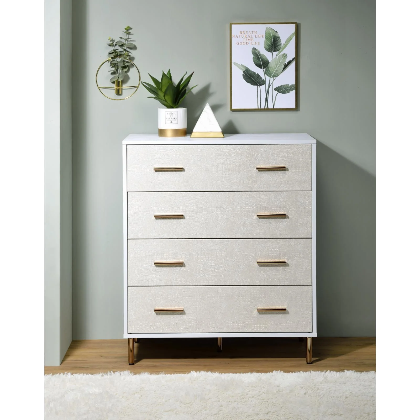 ACME Myles 4-Drawer Chest in White and Champagne