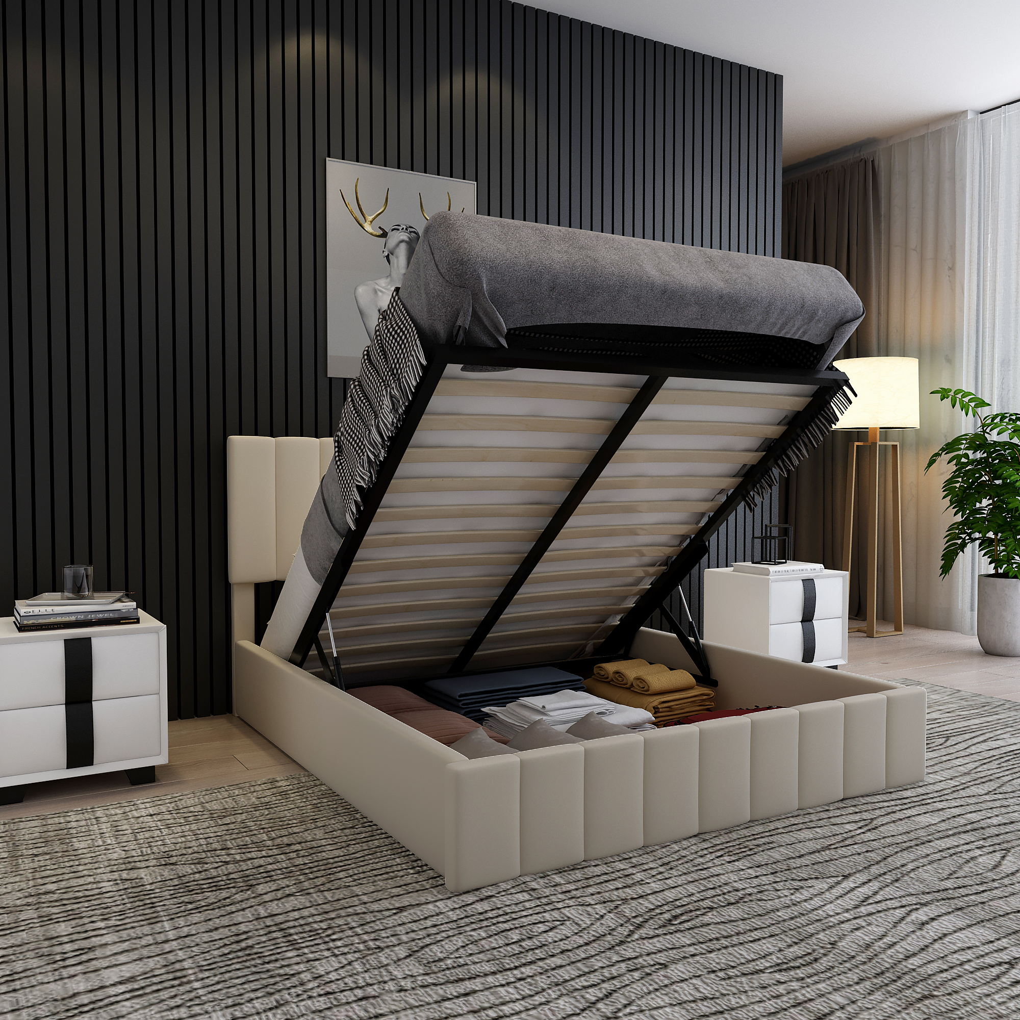 Upholstered Queen beds Gas Lift Up Storage Platform Bed Frame with Tufted Headboard Wooden Slat Support and Under Bed Storage-Beige