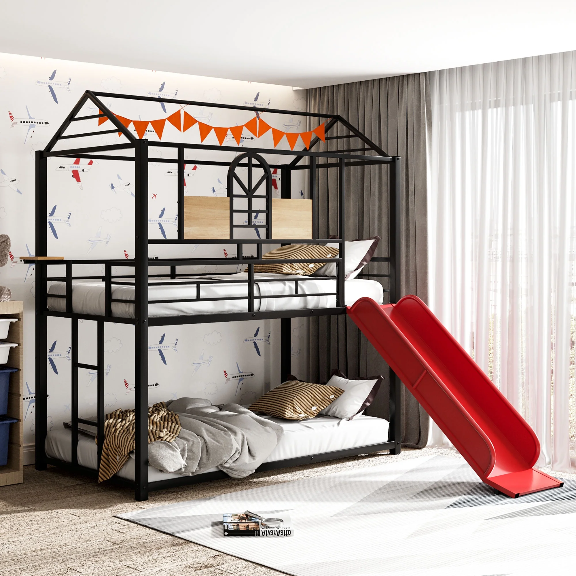 Metal Twin Over Twin Bunk Bed with Slide and Roof, Kids Child Bed Frame Housebed Playhouse Slatted Foundation