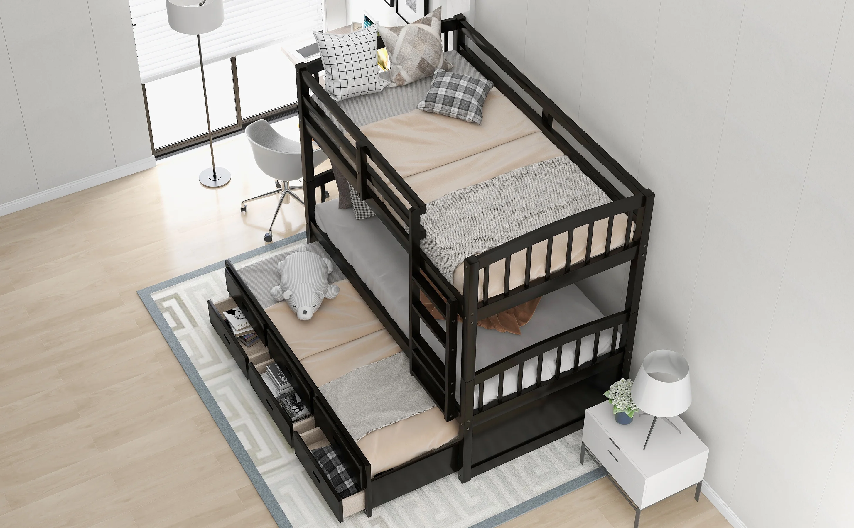 Leadzm Twin over Twin Wood Bunk Bed with Trundle and Drawers, Espresso