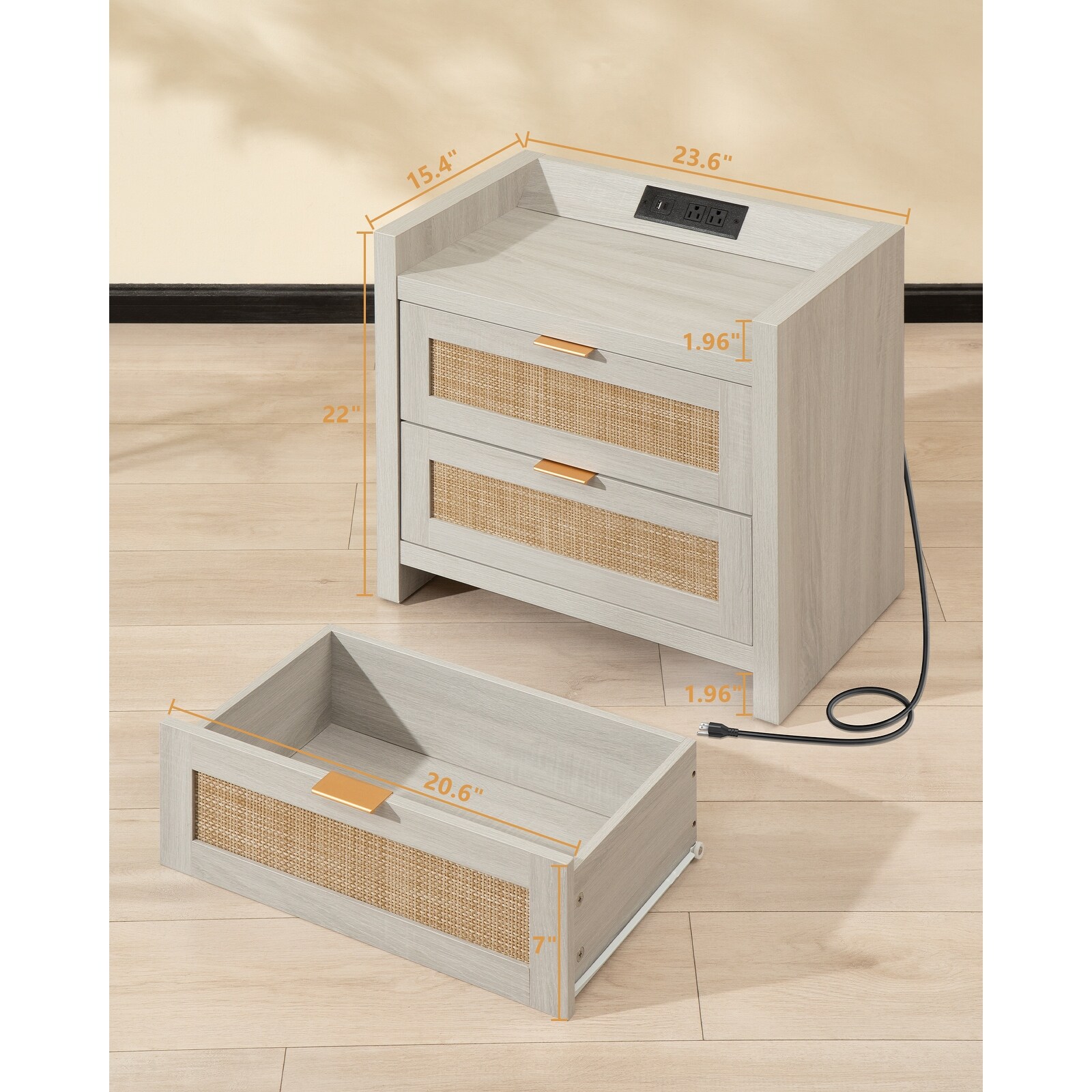 SICOTAS  Farmhouse Set of 2 Nightstand with Charging Station and 2-Drawers White