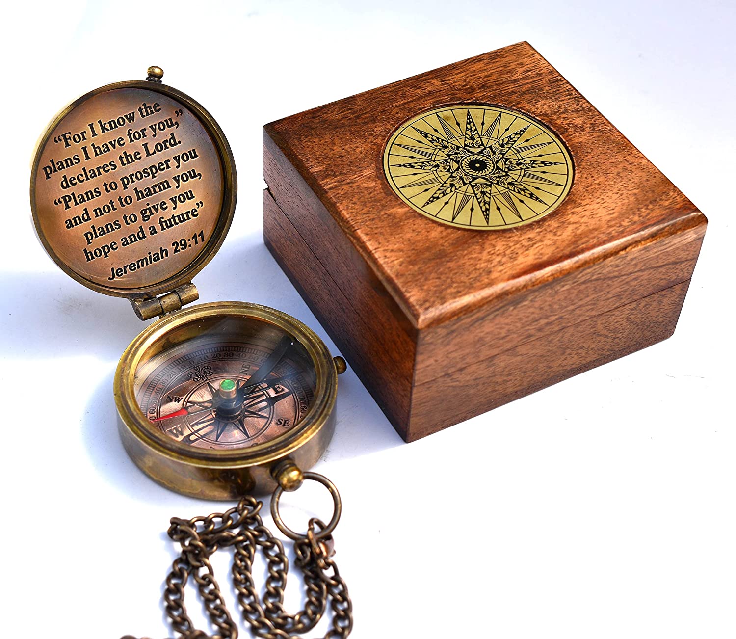 2023 Solid Brass Directional Magnetic Compass Antique Nautical Vintage Quote Engraved with Scripture Jeremiah 29:11 & Joshua 1:9, Baptism Gifts with Rosewood Case & Leather case for Son, Father