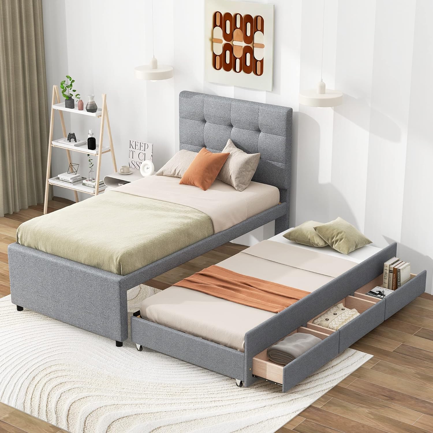 Upholstered Size Platform Bed With Headboard, Wood Bed Frame With Pull-Out Trudle Ad 3 Drawers Udereath, Lie Storage Ad Trudle Bed For Kids Tees,Gray