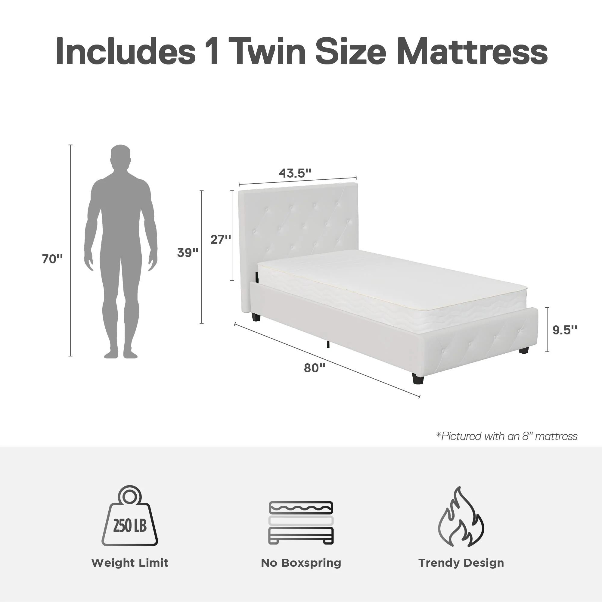 DHP Dakota Upholstered Bed with Signature Sleep Tranquil 8-Inch Pocket Spring Mattress, Twin, White