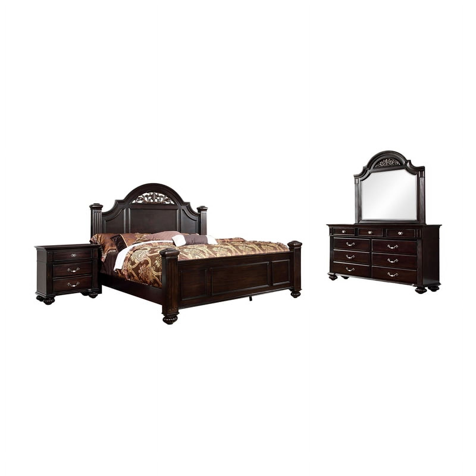 FOA Damos 4pc Dark Walnut Wood Bedroom Set - King+Nightstand+Dresser+Mirror