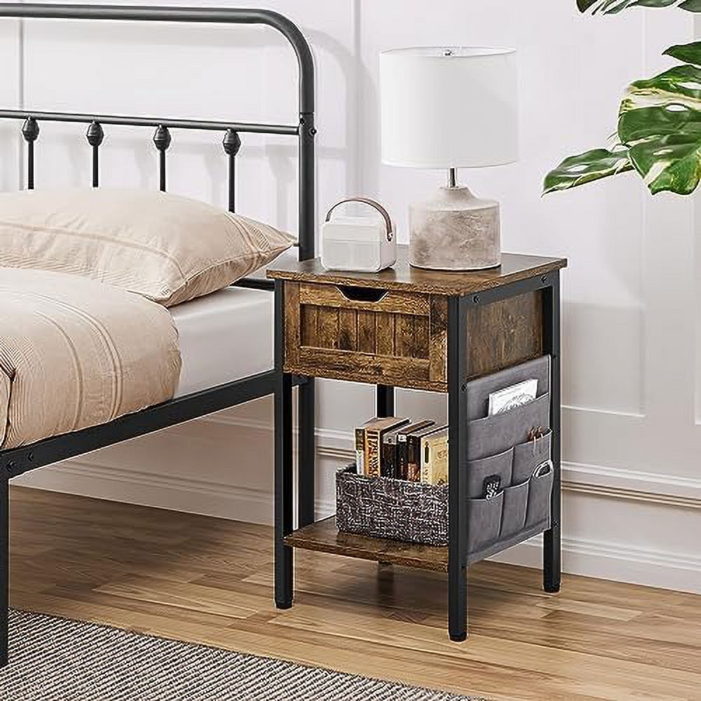 NLIBOOMLife Nightstands Set of 2  Bedside Tables with Top Drawer and Open    Steel Frame Bedside Cabinet Units with Removable Fabric Bag for Bedroom Living Room  Gray