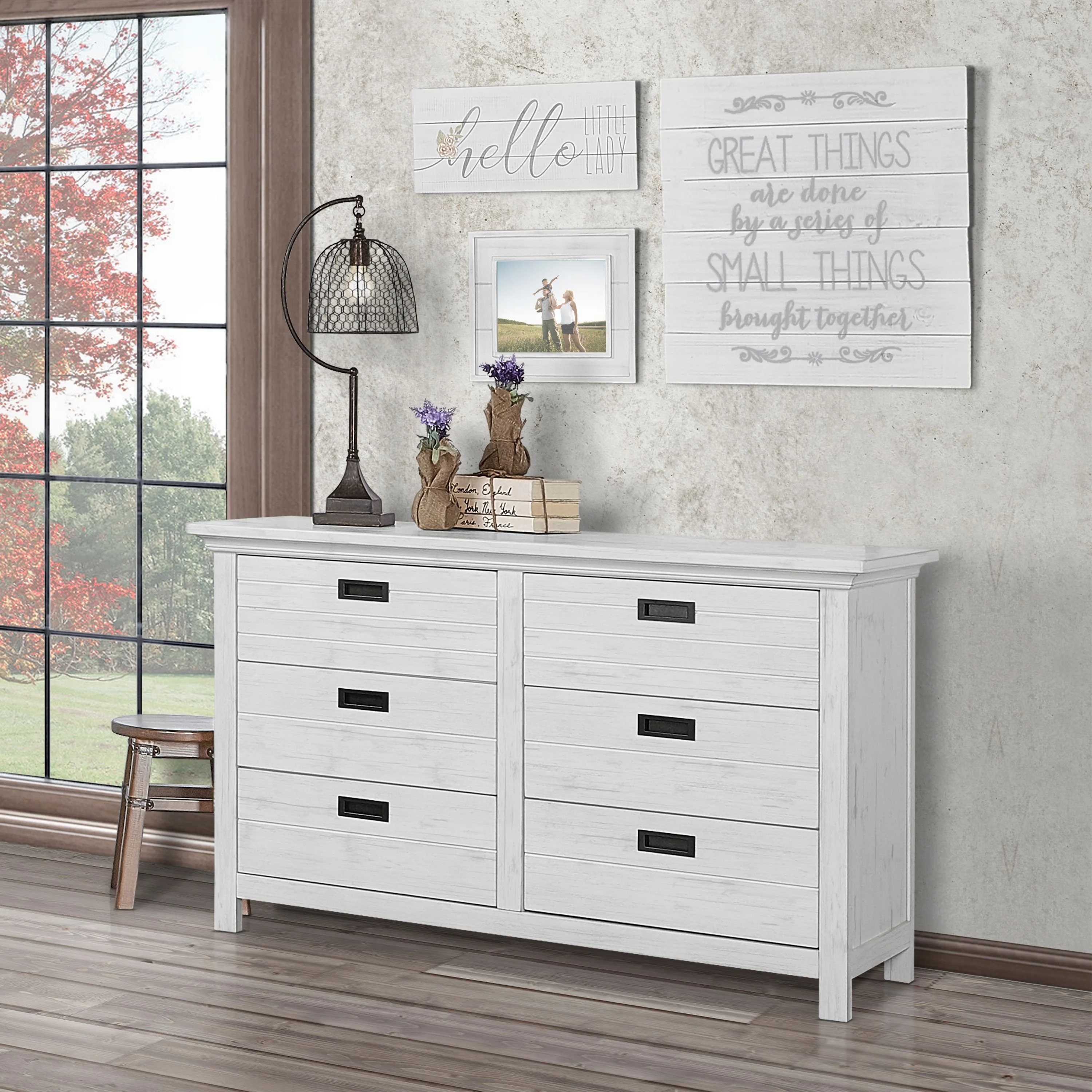Evolur Waverly 6 Drawer Double Dresser, Weathered White