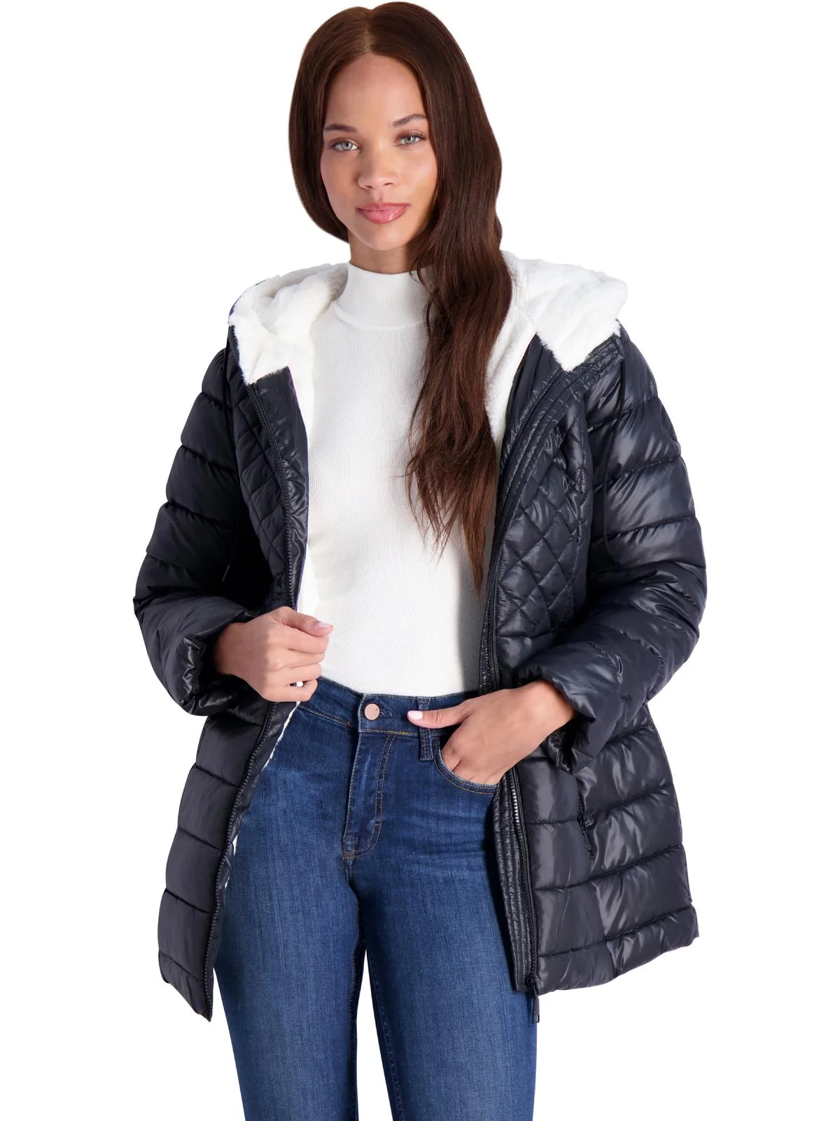 Steve Madden Women's Glacier Shield Winter Puffer Coat with Faux Fur Lining