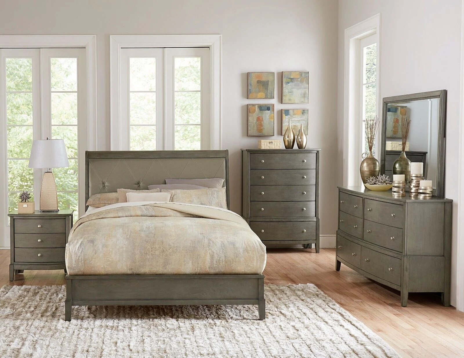 Gray Finish 4pc Wooden Bedroom Furniture Set King Bed Dresser Mirror Nighstand Set Transitional Style