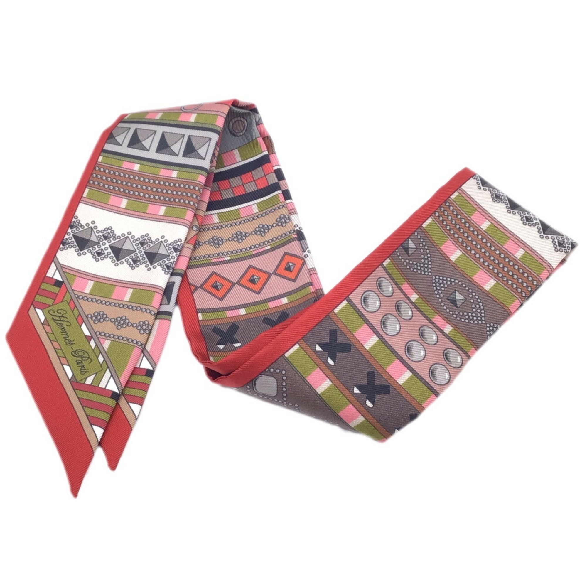 Pre-Owned HERMES COLLIERS DE CHIENS Collier de Chien Framboise Khaki Taupe Silk Scarf Twilly Collar Bag Accessories Ladies (Good)