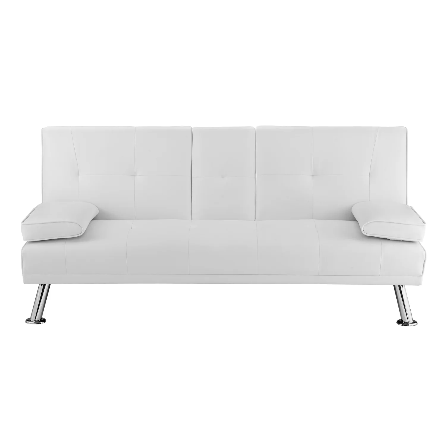 White Convertible Futon Sofa, Modern Reclining Black Sleeper Sofa, Faux Leather Futon Sofa Bed with Armrest and Cupholders