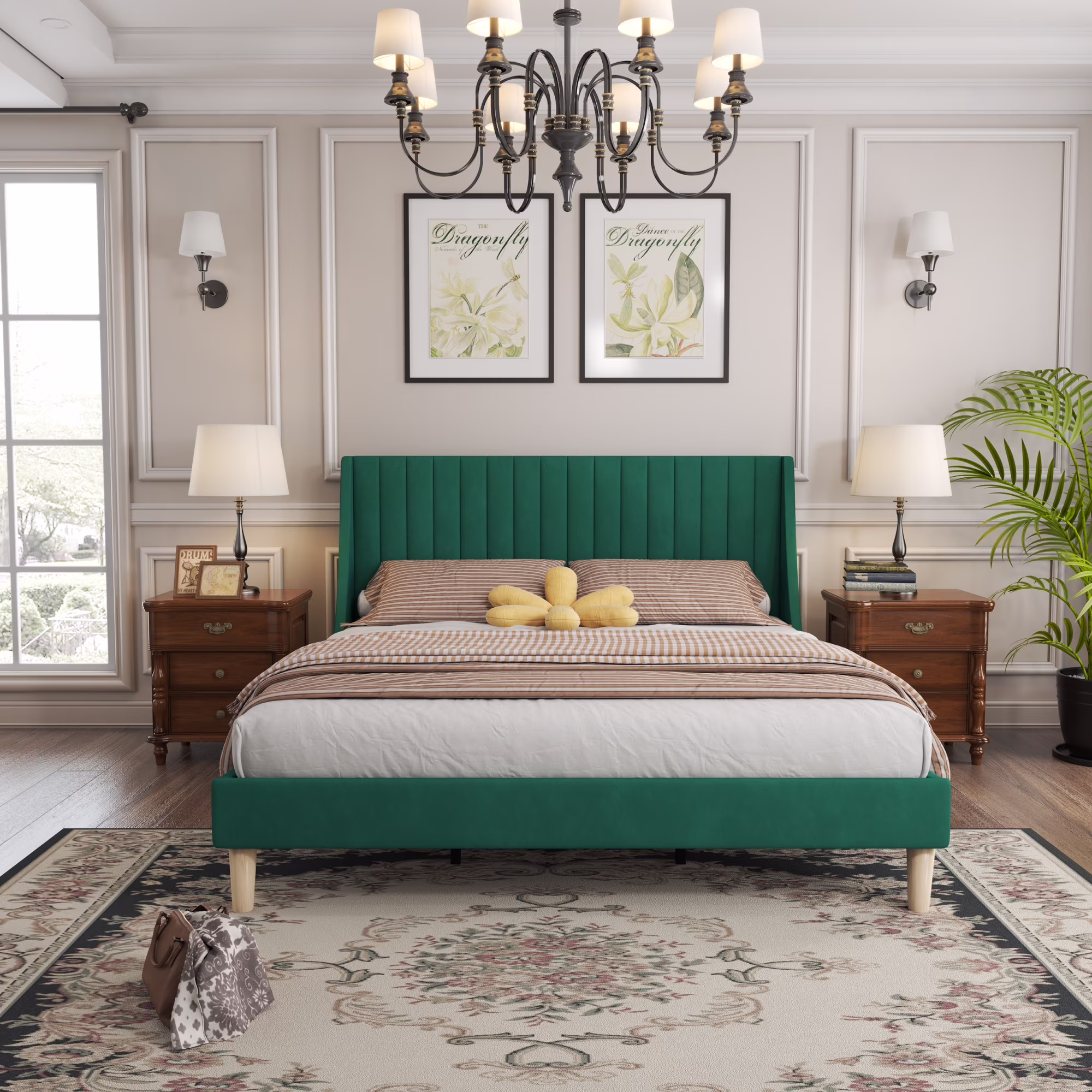 Green Queen Size Platform Bed with Upholstered Headboard, Slat Support, Heavy Duty Mattress Foundation, Easy Assembly