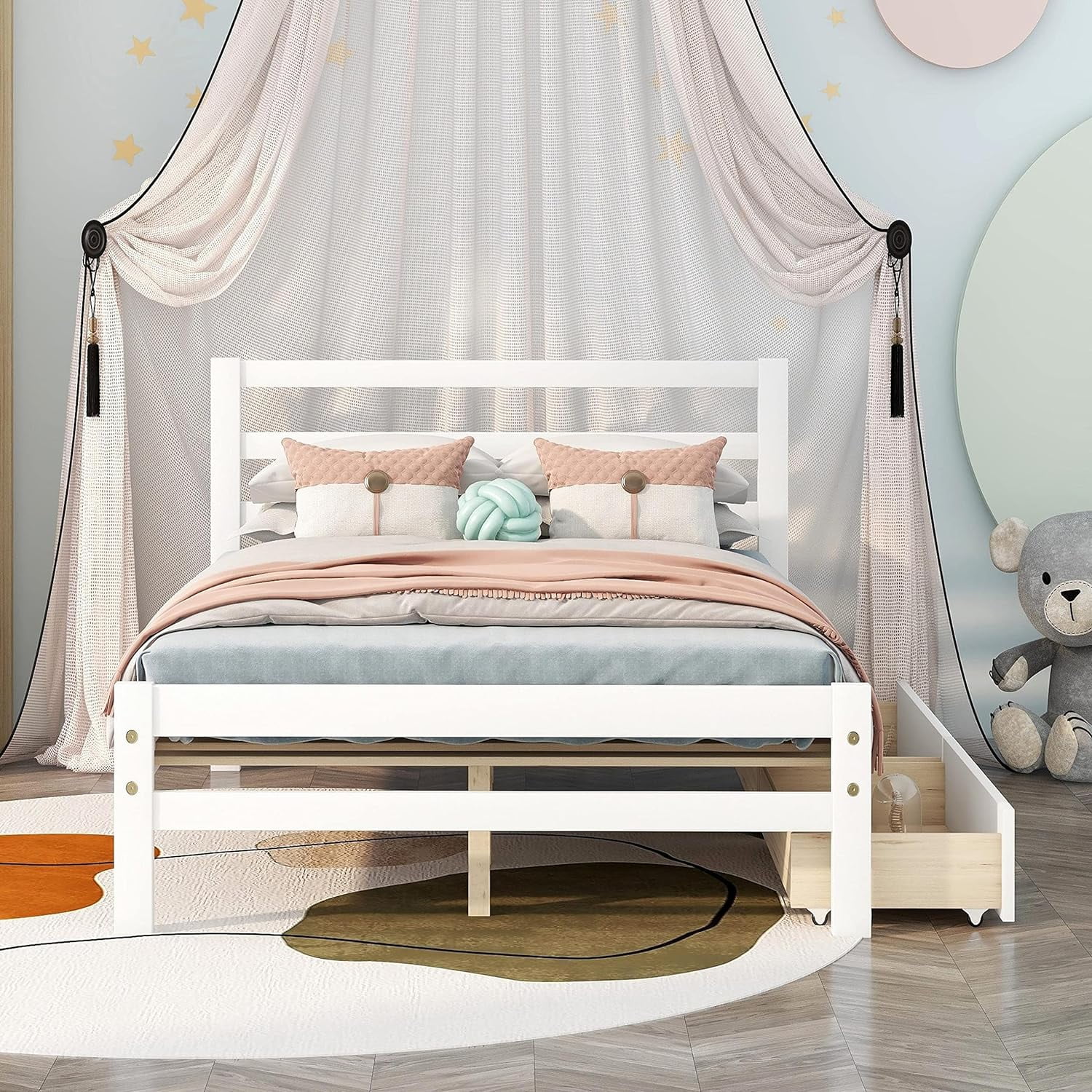 Full Bed Frame With Drawers, Kids Platform Full Bed With Storage, Solid Wood, No Box Spring Needed (White,Full)