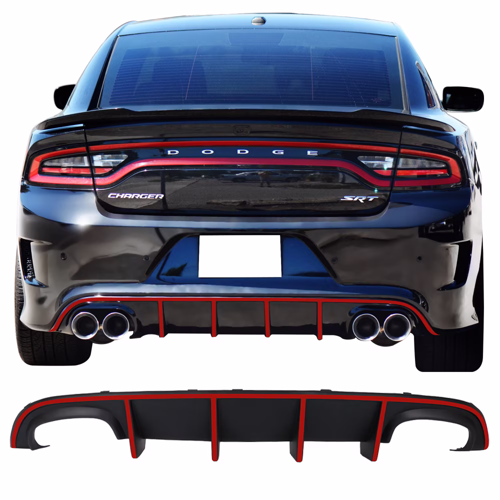 Ikon Motorsports Compatible with 15-23 Dodge Charger SRT Quad Exhaust Rear Diffuser with Red Reflective Tape