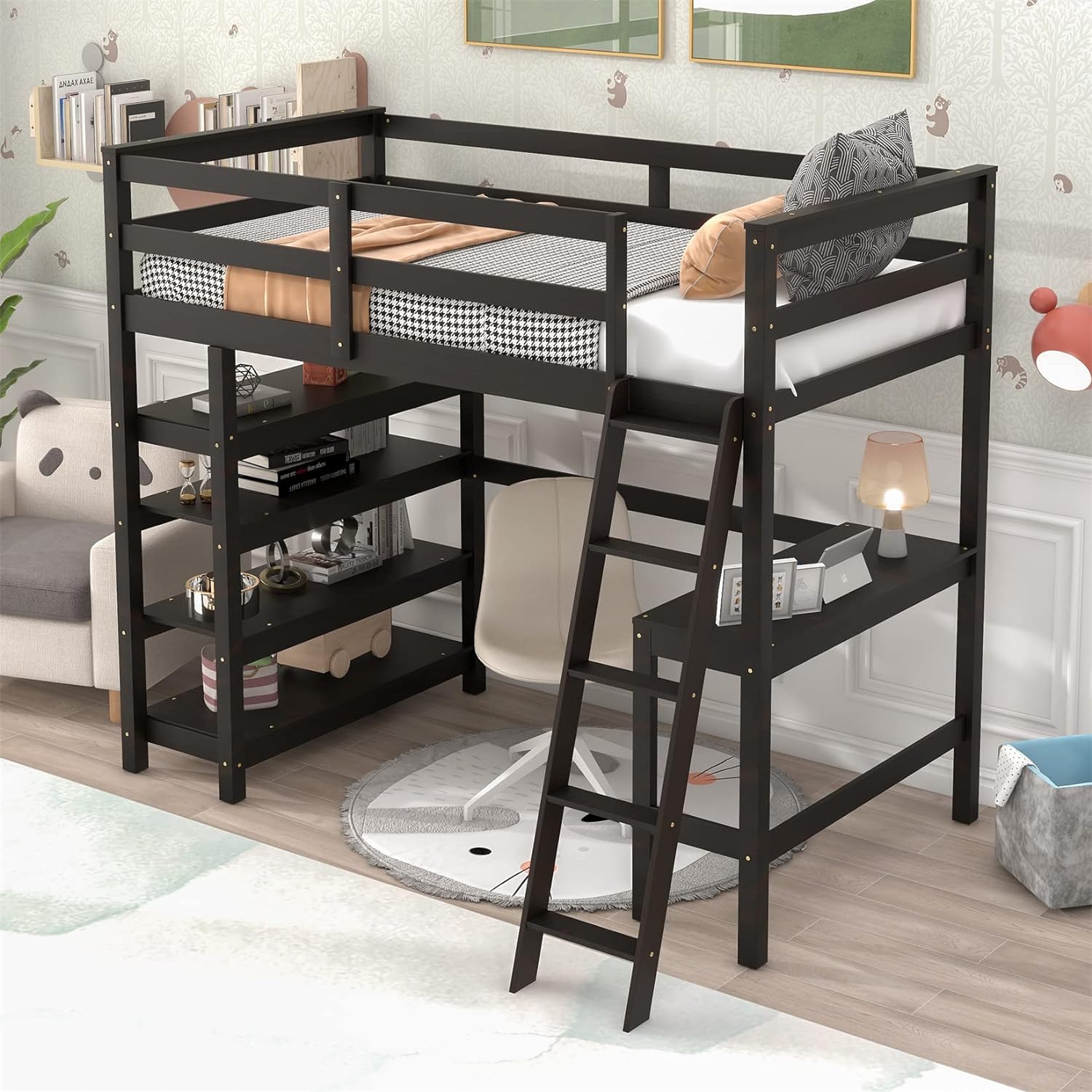 Loft Bed With Desk And Shelves For Teens Adults, Wood High Loft Bed Frame With Bookcase And Angle Ladder For Kids Boys Girls, Full-Length Guardrail, Size, Espresso