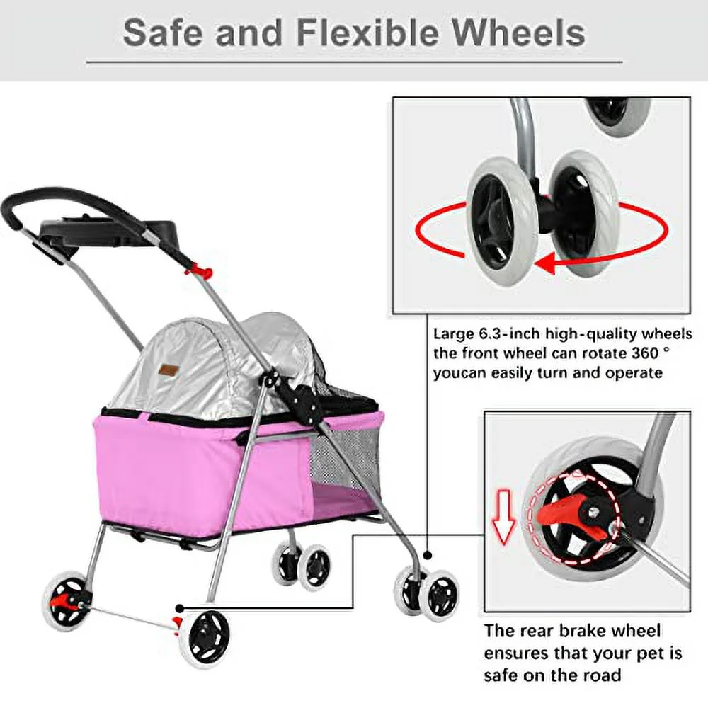 HHS Pet Stroller Dog Stroller for Small Medium Dogs & Cats 4 Wheels Foldable Jogger Travel Stroller Carrier Strolling Cart with Removable Liner Storage Basket, Up to 35 LBS, Pink 30 x 19 x 36.8 Inch