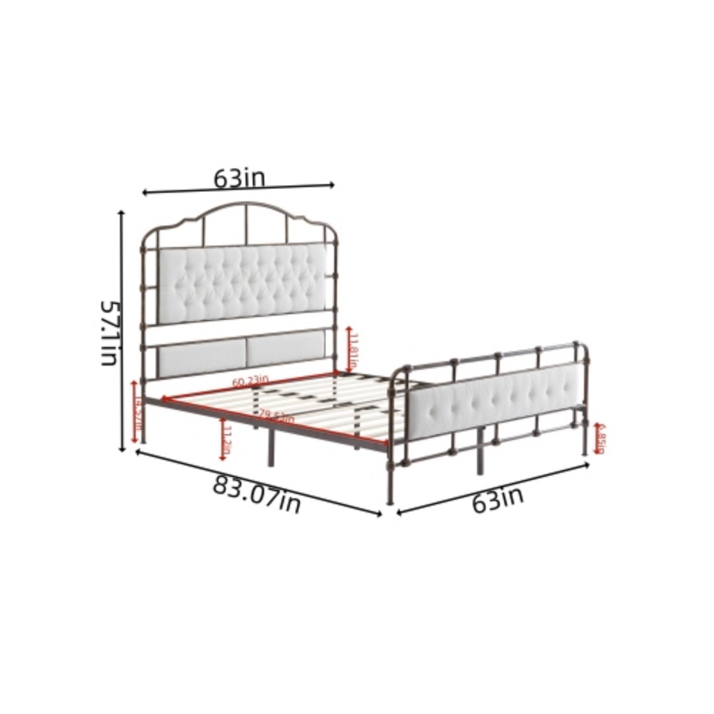 Queen size High Boad Metal bed with soft head and tail, no spring, easy to assemble, no noise  Foam + White + Metal + Bedroom + Queen + Bed Frame