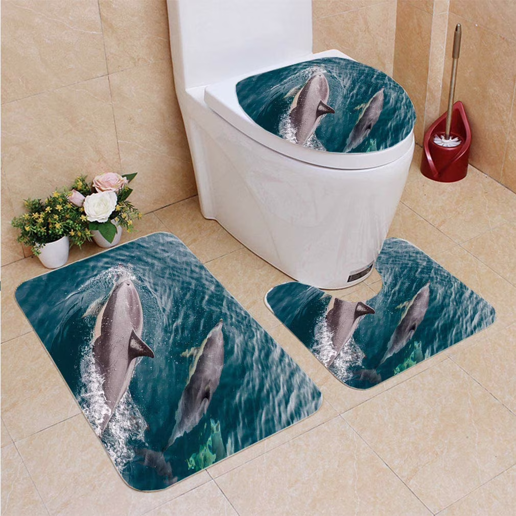 GOHAO Elevated View Common Dolphins Jumping Out Water 3 Piece Bathroom Rugs Set Bath Rug Contour Mat and Toilet Lid Cover