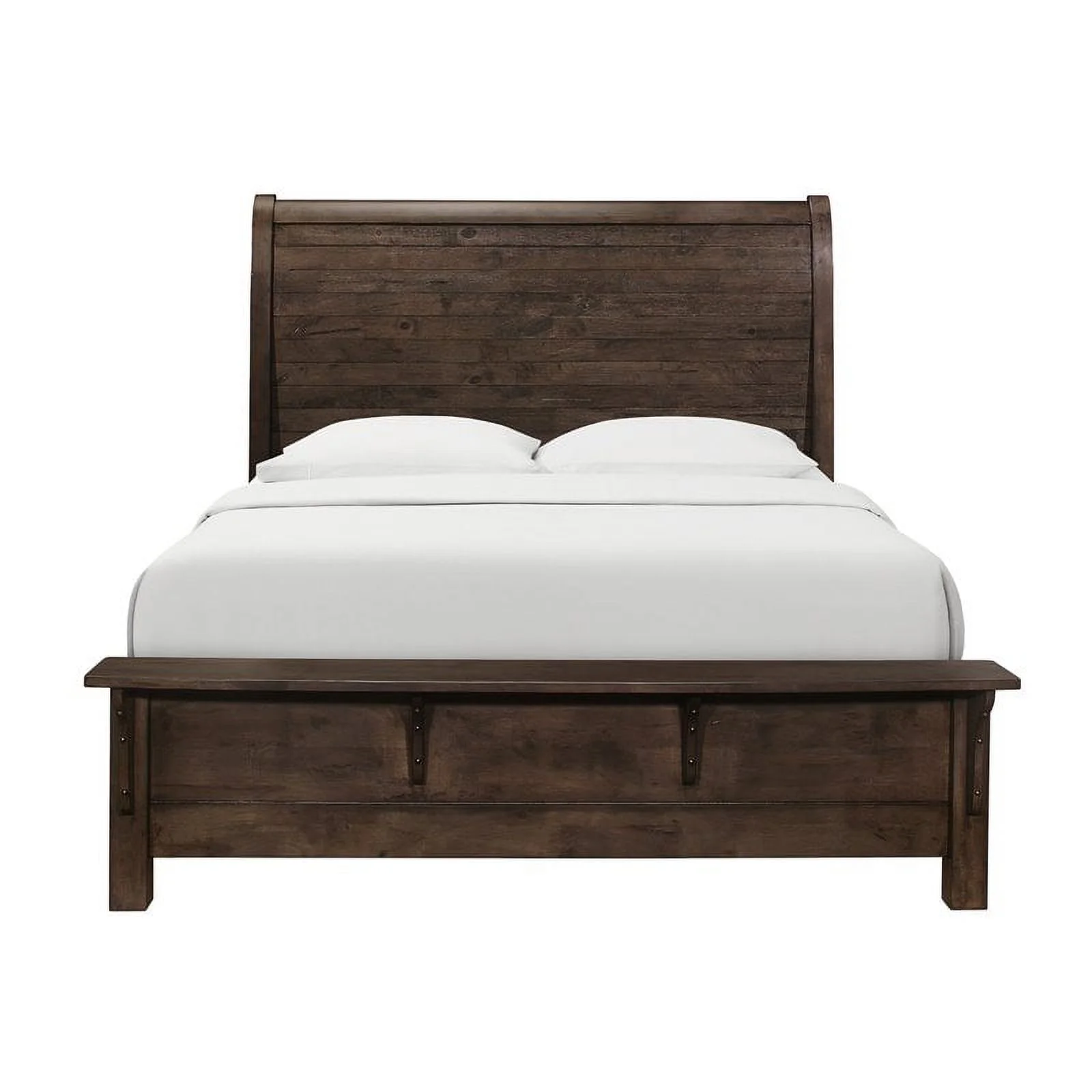 Wallace & Bay Bonilla Gray Brown Queen Bed with Curved Plank Headboard And Built-In Bench Footboard