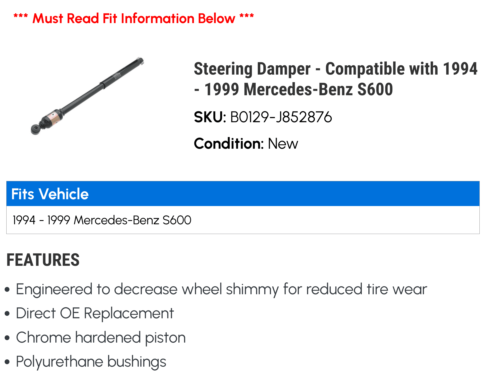 Steering Damper - Compatible with 1994 - 1999 Mercedes-Benz S600 1995 1996 1997 1998