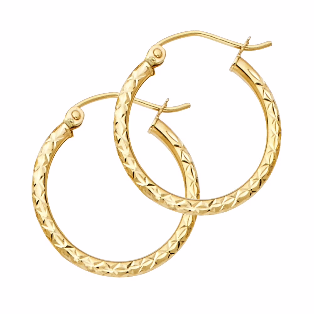 Ladies Round Tube Hoops 14k Yellow Gold Polished French Lock Design Diamond Cut Genuine 20mm x 1.5mm