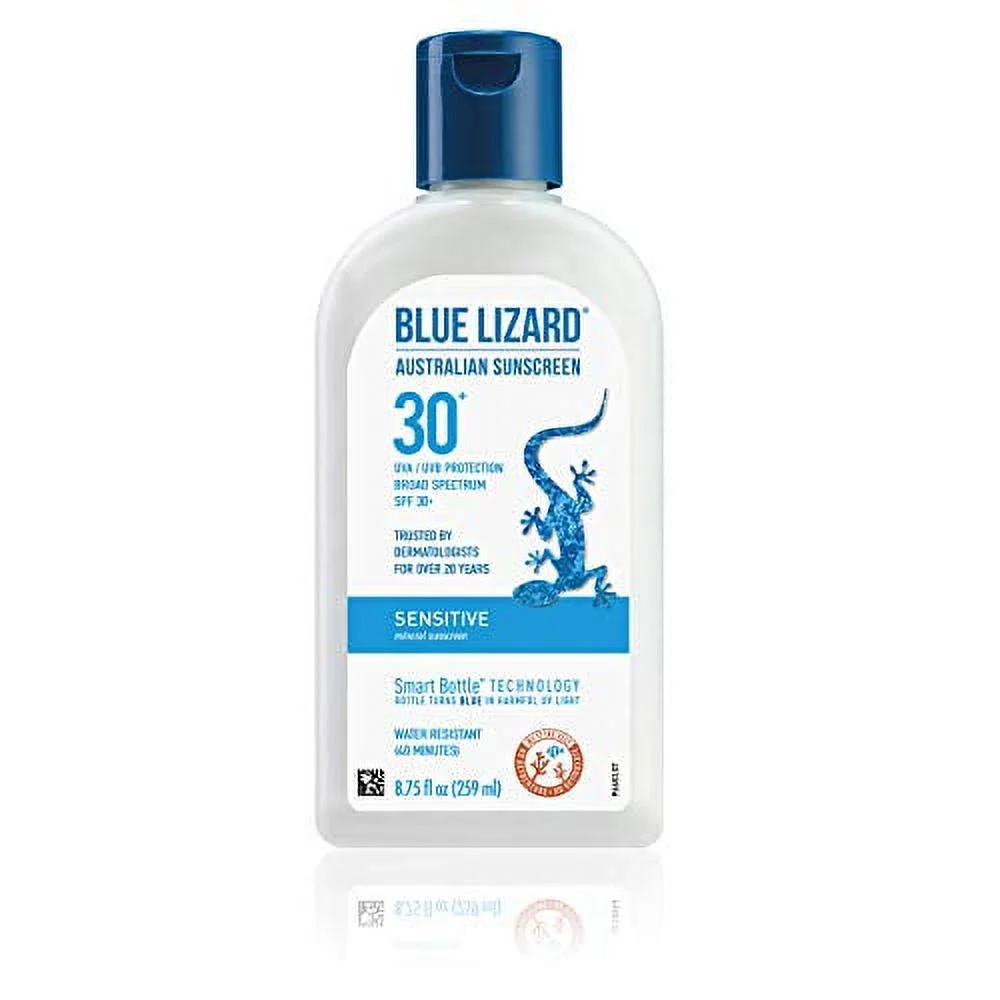 Blue Lizard Sensitive Mineral Sunscreen with Zinc Oxide, SPF 30+, Water Resistant, UVA/UVB Protection with Smart Bottle Technology - Fragrance Free, 8.75 oz.