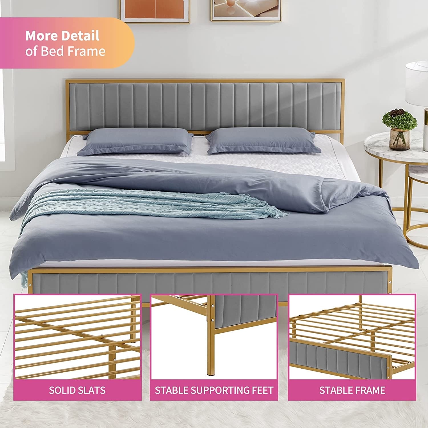 Mixoy Bed Frame,Bedroom Furniture,Dutch Velvet,Upholstered Bed Frame with Channel Tufted Headboard Light Grey - King