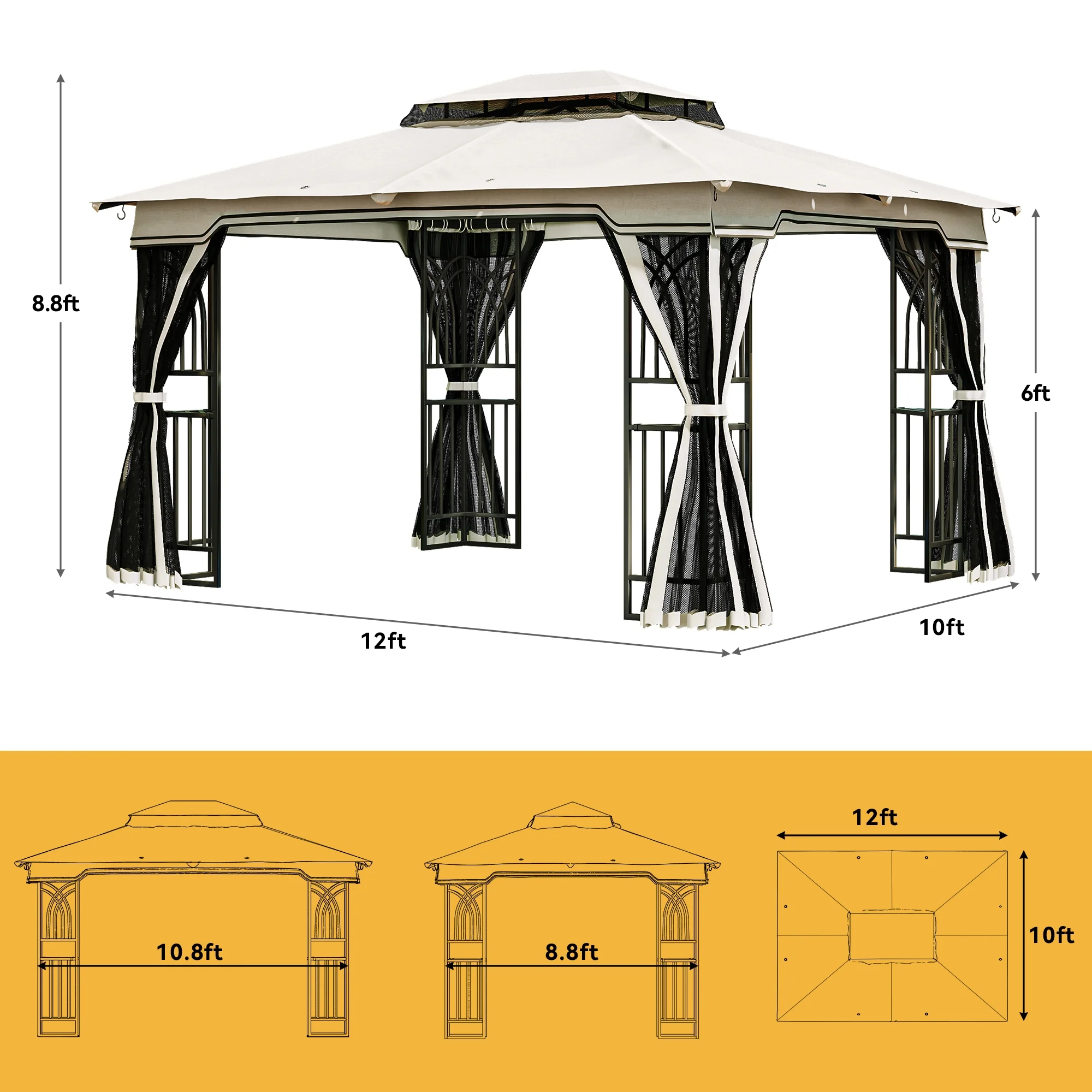 Dextrus 10x12 Gazebo Outdoor Steel Canopy with Removable Mosquito Netting, Vented Soft Top Double Roof with Metal Frame for Patio, Backyard, Deck and Lawns (Beige)